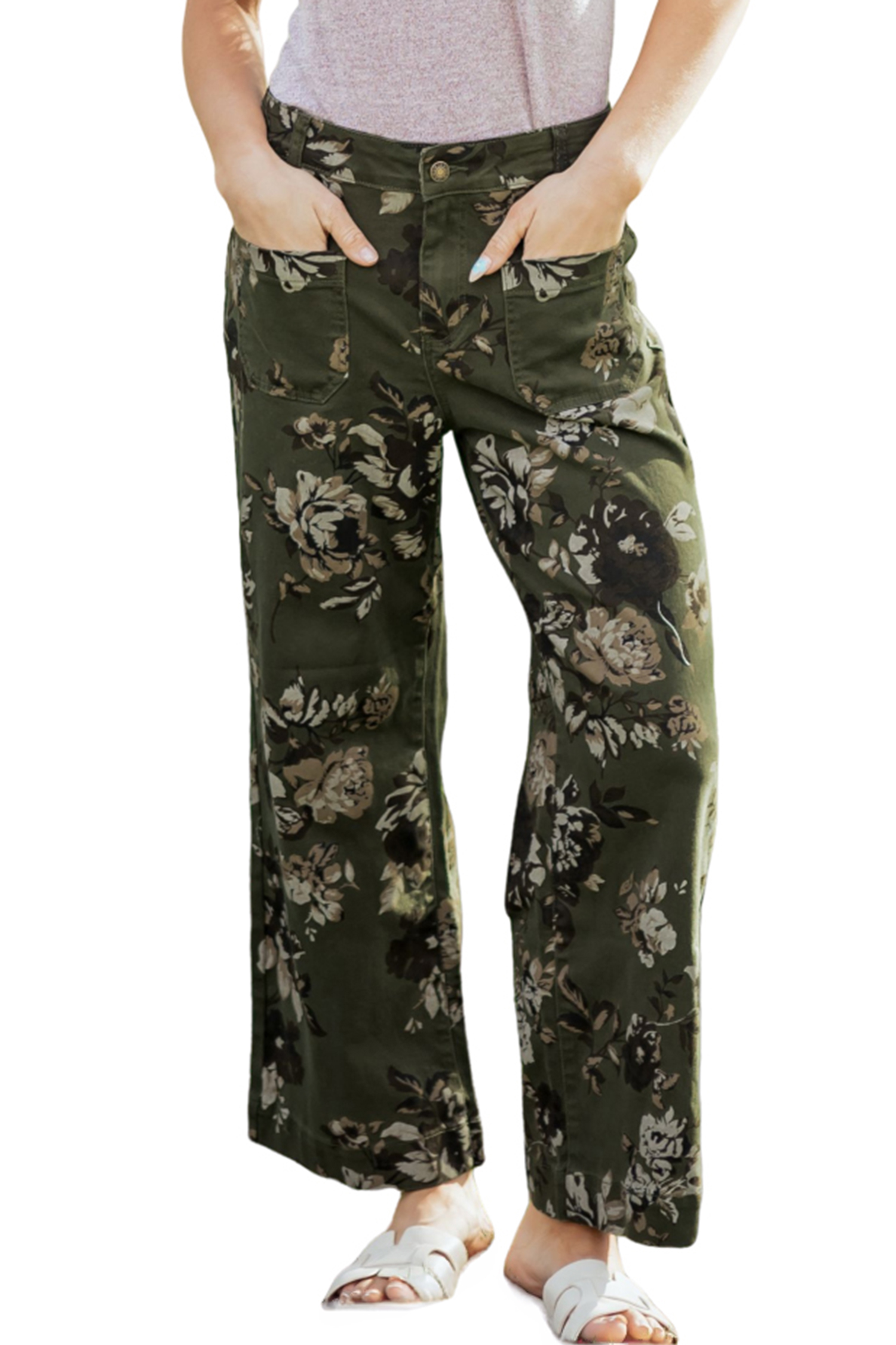 Green Vintage Floral Print Square Patch Pocket Raw Hem Shift Jeans view 19