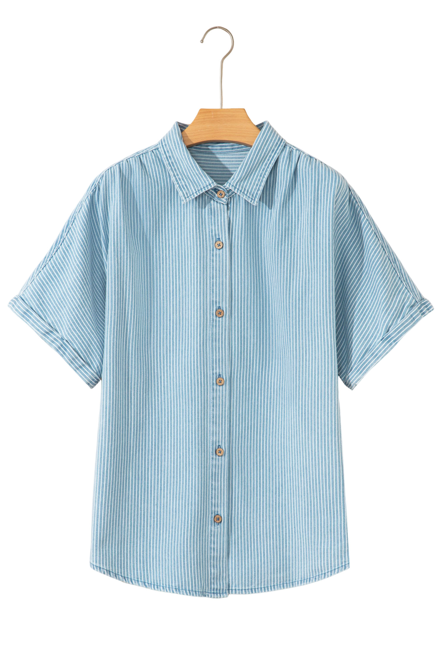 Sky Blue Stripe Cuffed Short Sleeve Button up Loose Shirt view 22