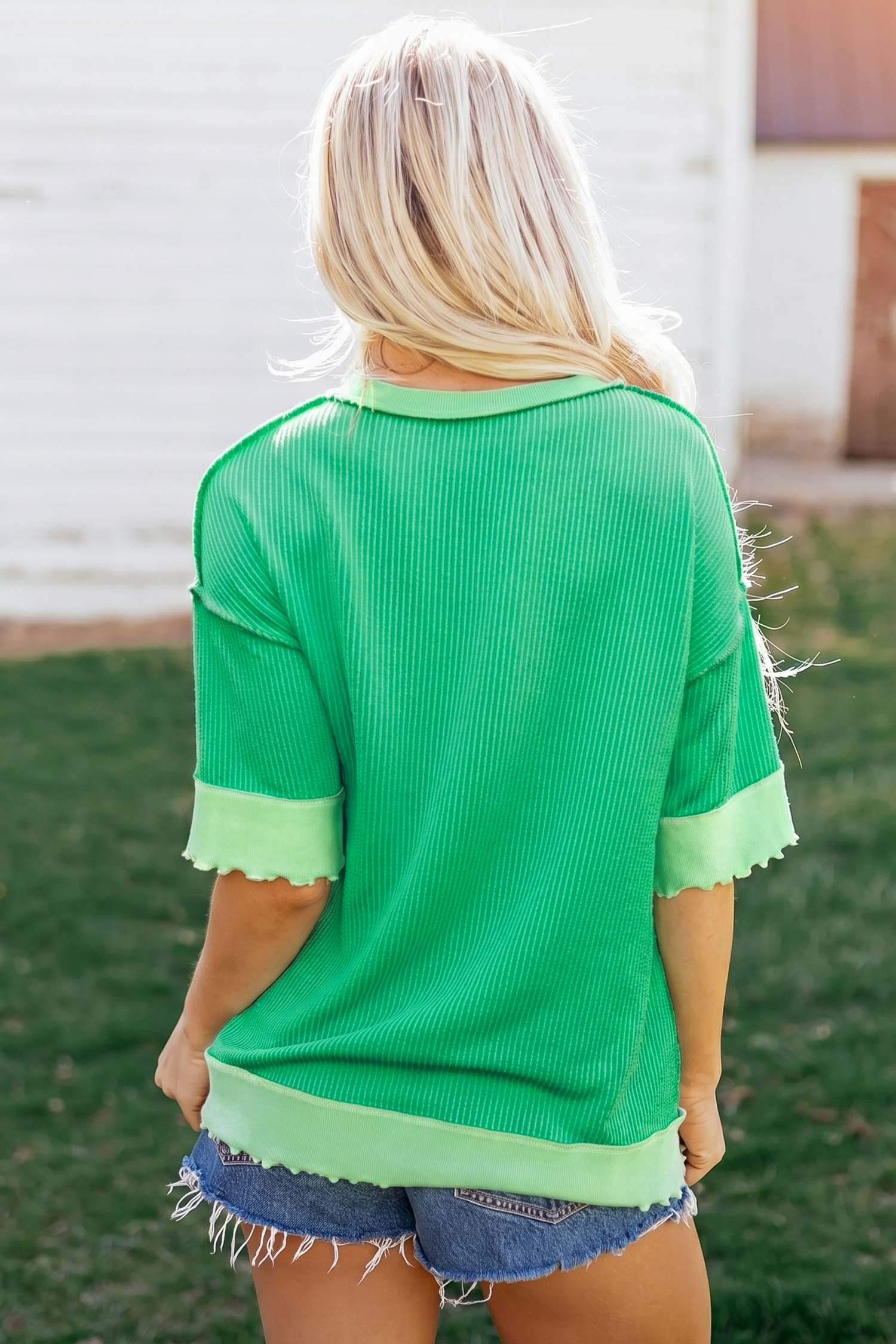 Mint Green Loose Uneven Hem Twist Ribbed T Shirt view 6