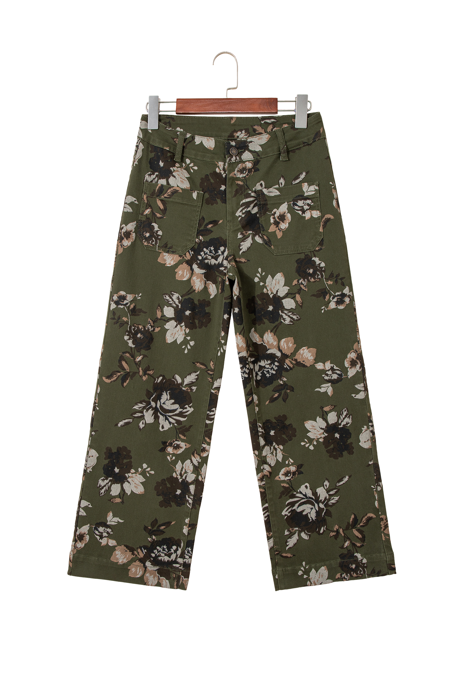 Green Vintage Floral Print Square Patch Pocket Raw Hem Shift Jeans view 20