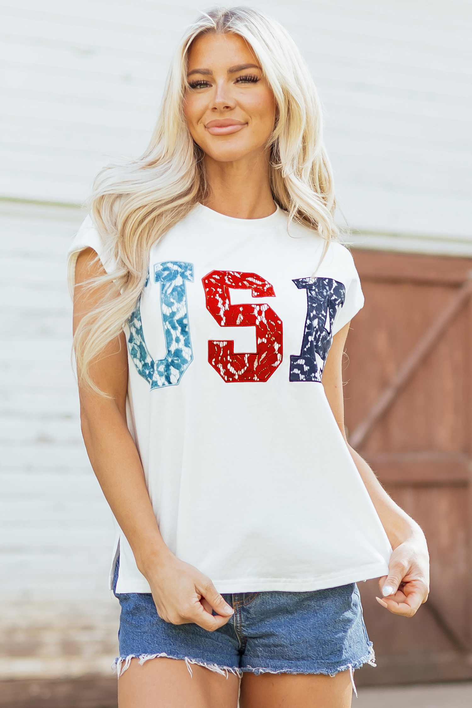 White USA Color Block Letter Printed Dolman Tee view 8