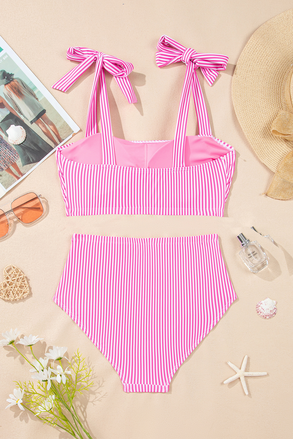Rose Stripe Print Knot Straps 2pcs High Waist Bikini Swimsuit view 13