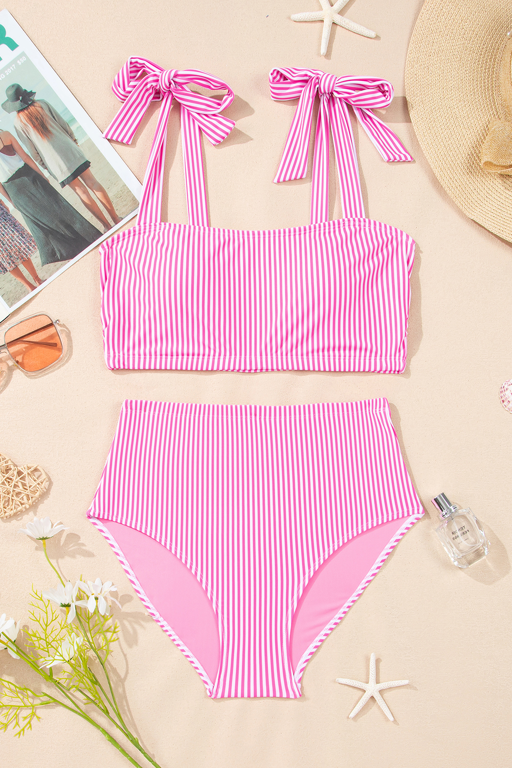 Rose Stripe Print Knot Straps 2pcs High Waist Bikini Swimsuit view 12