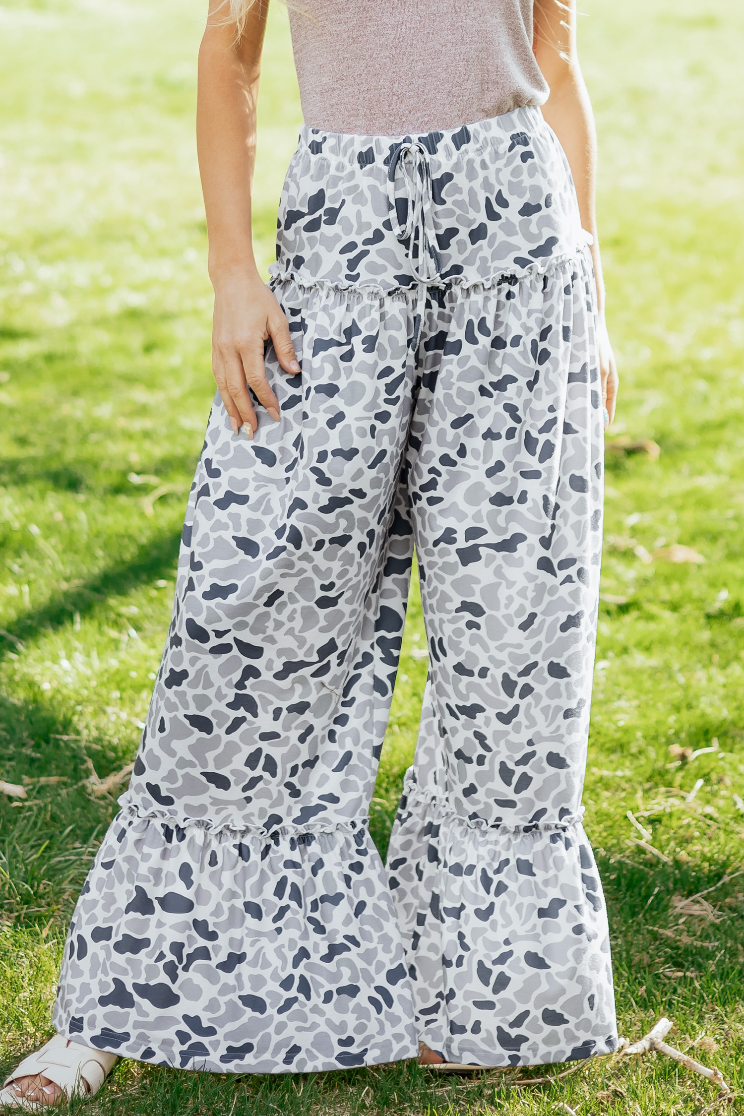 Beige Camo Print Wide Leg Casual Pants view 5