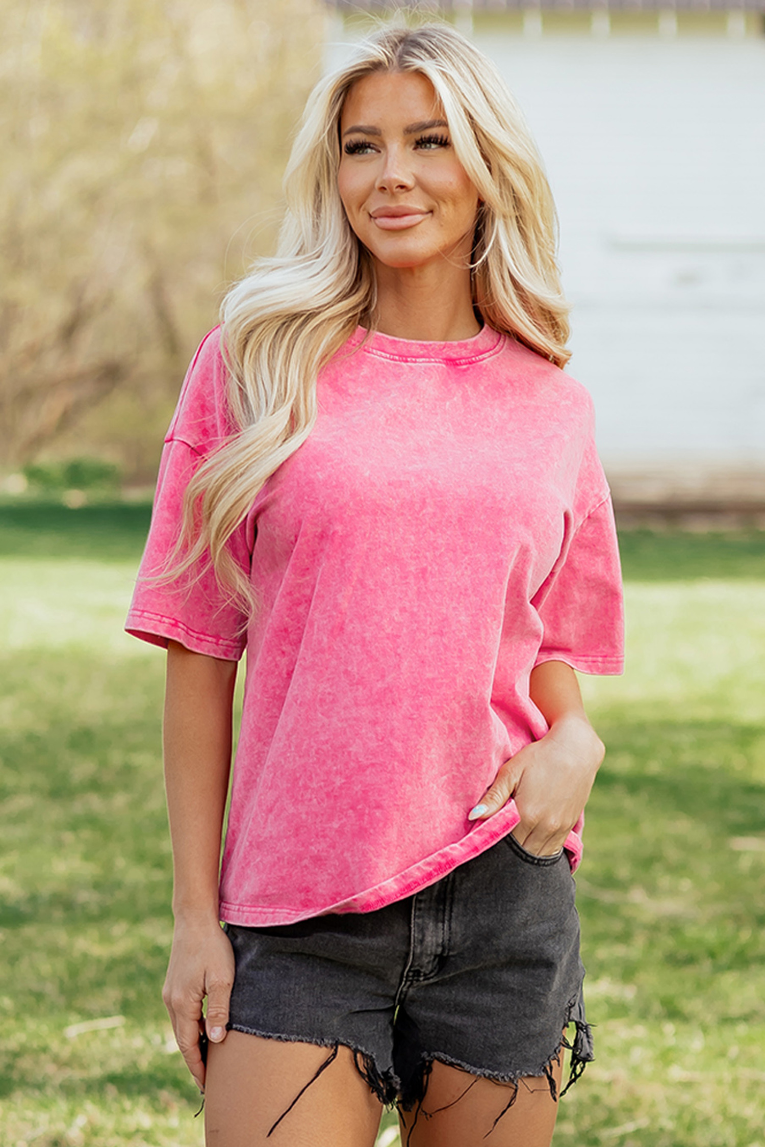 Sachet Pink Solid Color Cotton Mineral Washed Oversize Tee view 6