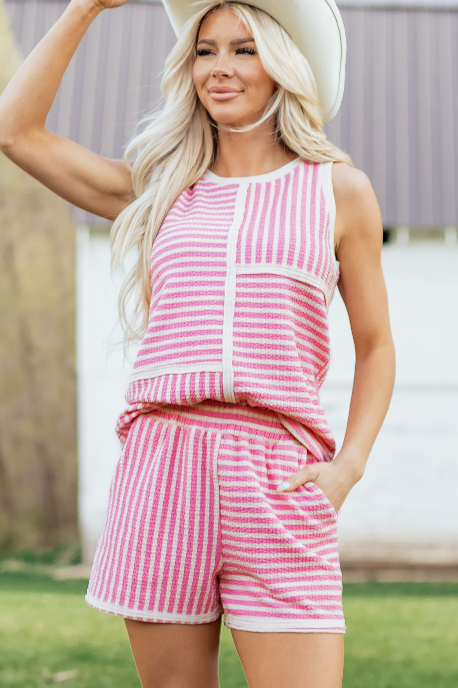 Pink Stripe Textured Contrast Trim Casual Tank and Shorts Set view 6