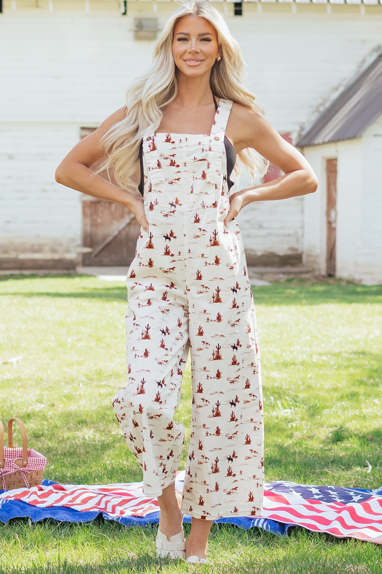 Beige Western Printed Button Adjustable Straps Loose Jumpsuit Dungarees view 3