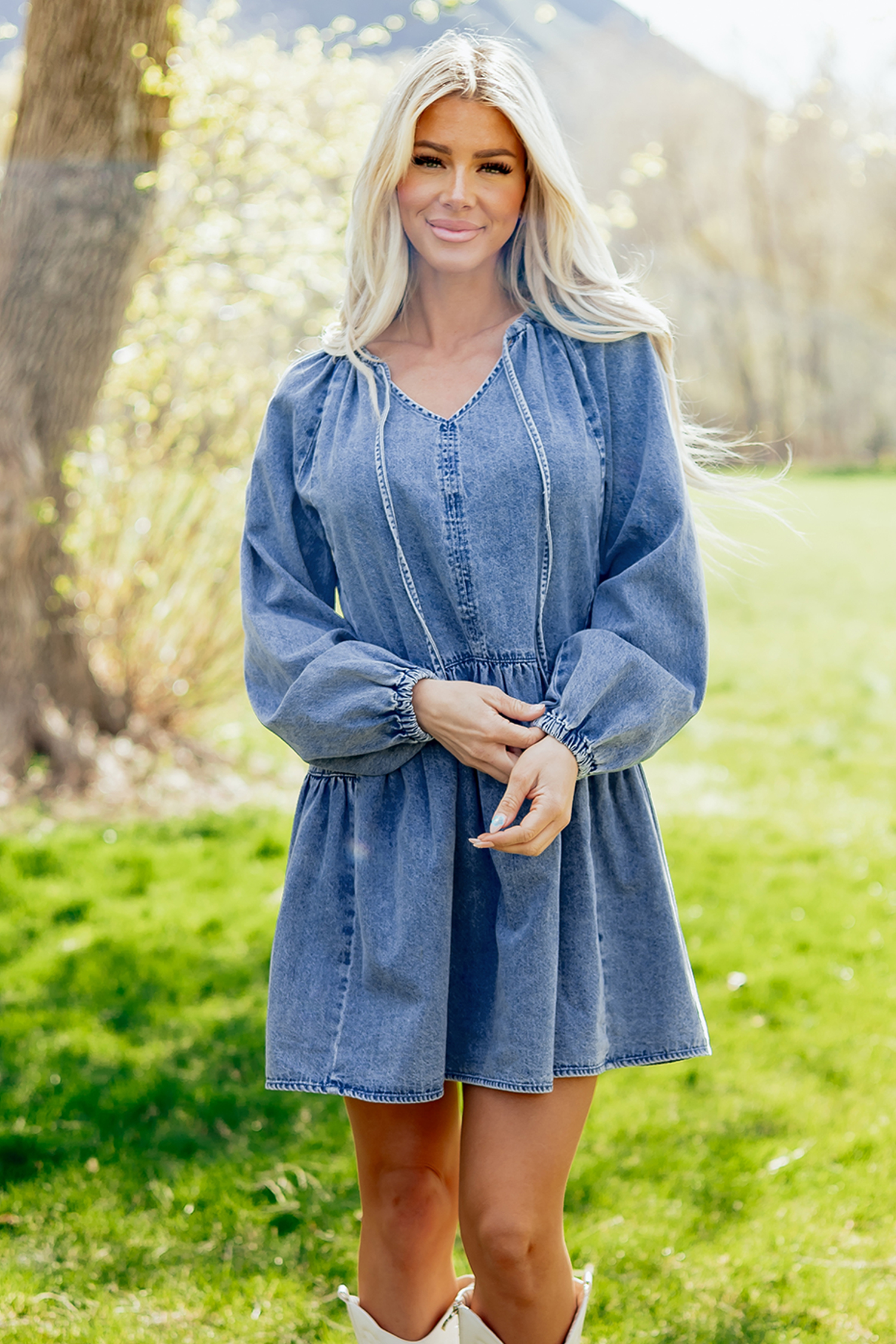 Myosotis Puff Sleeve V Neck Ruffled Loose Denim Mini Dress view 6