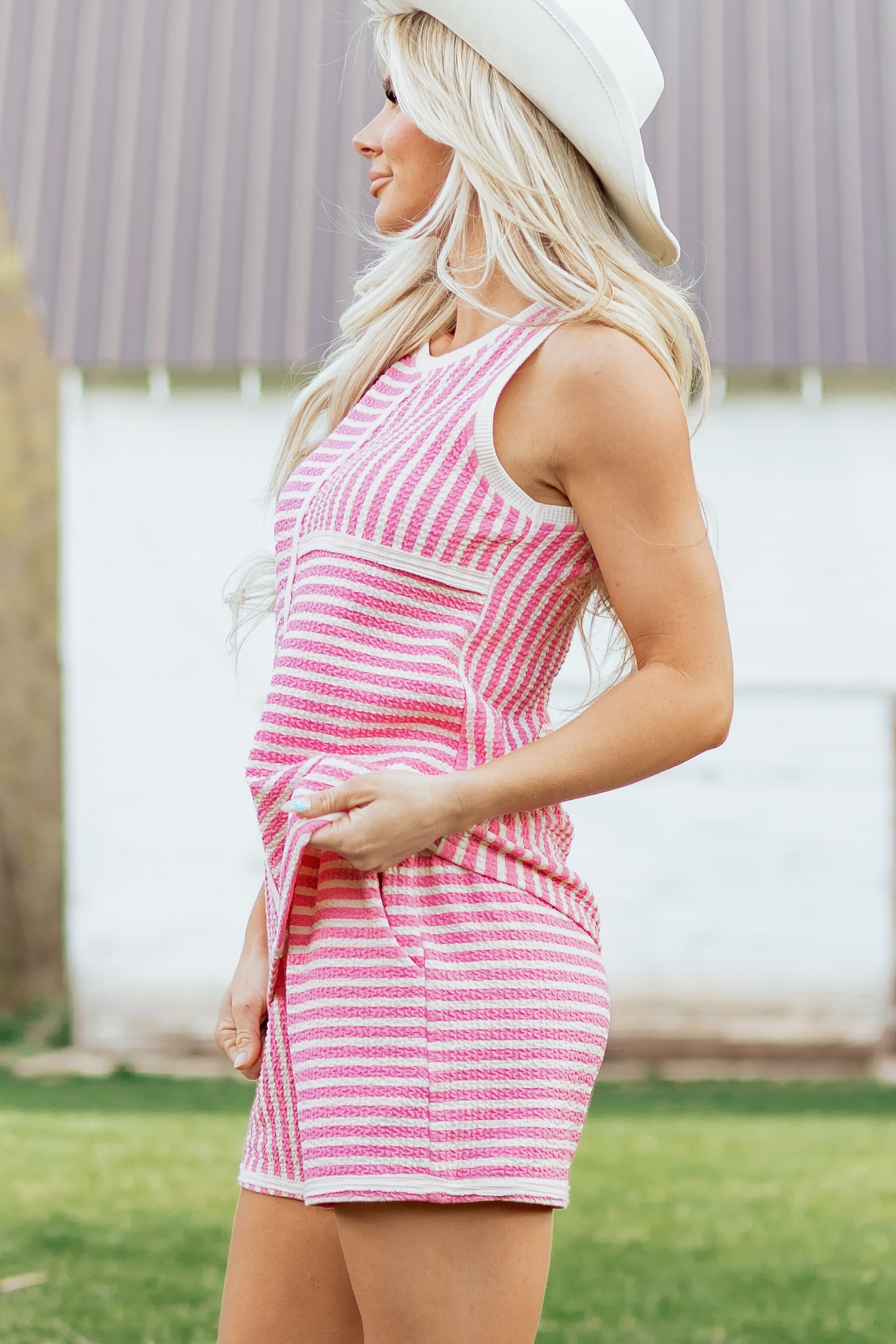 Pink Stripe Textured Contrast Trim Casual Tank and Shorts Set view 3