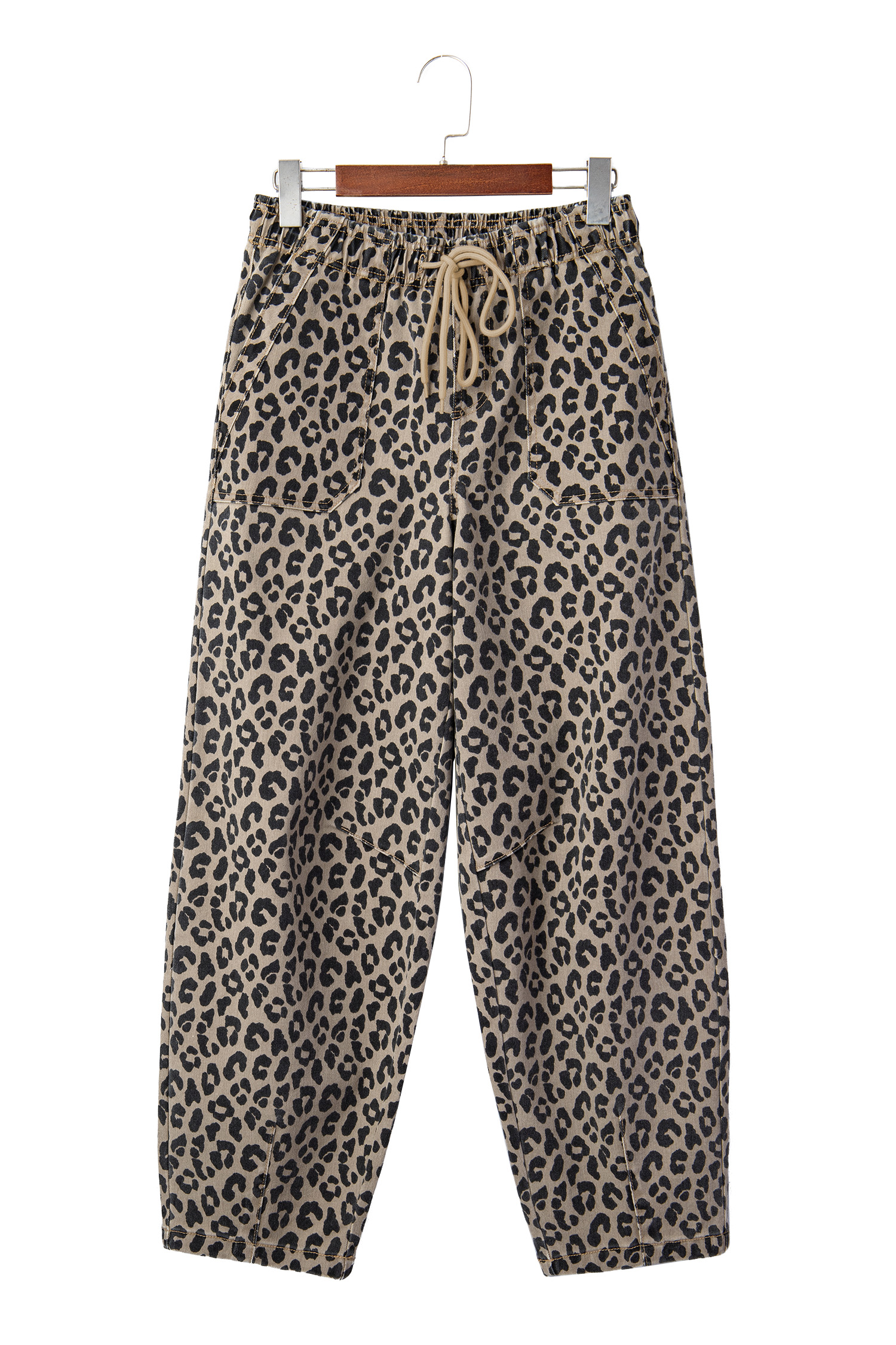 Khaki Leopard Print Drawstring Elastic Waist Loose Denim Pants with Pockets view 23