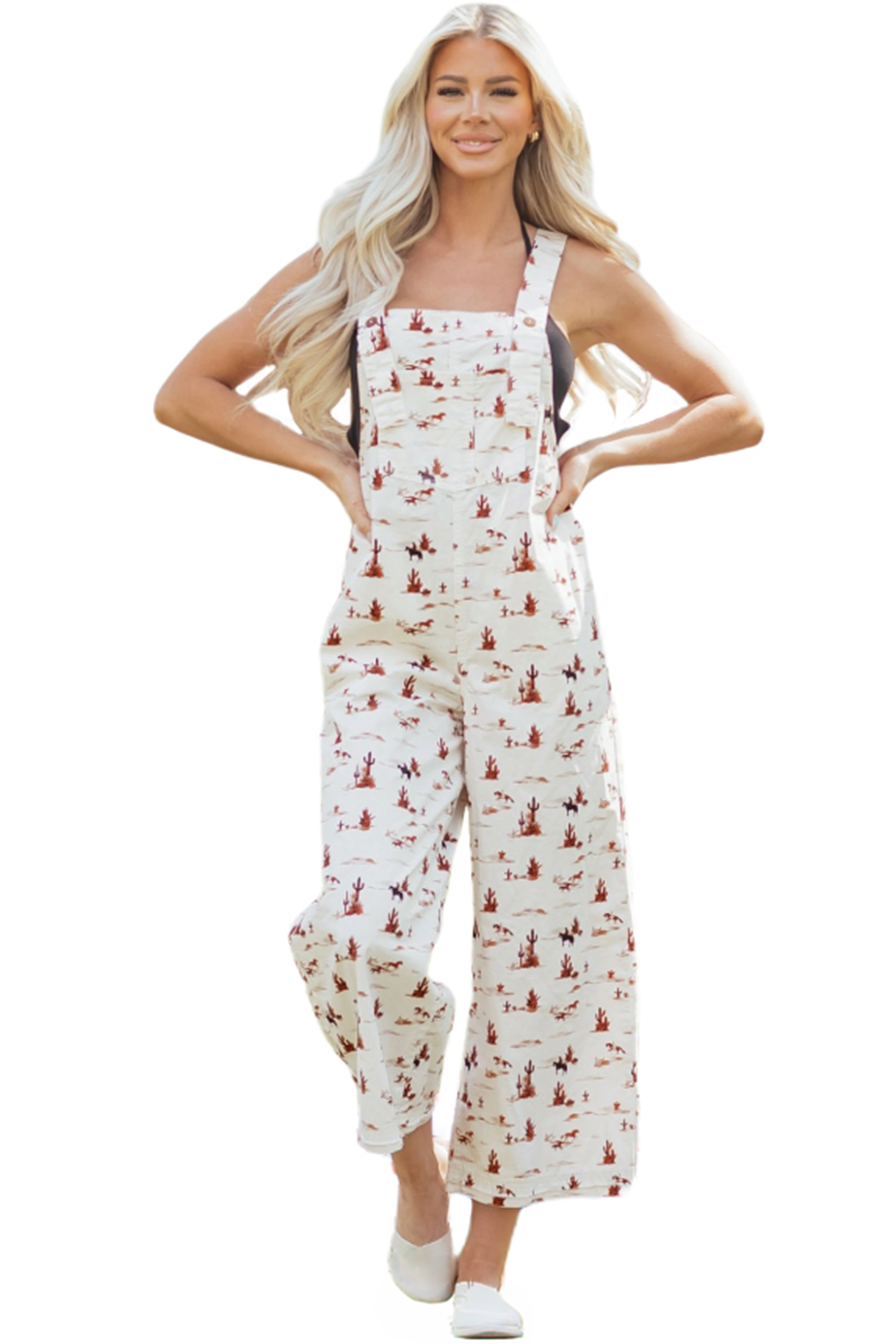Beige Western Printed Button Adjustable Straps Loose Jumpsuit Dungarees view 21