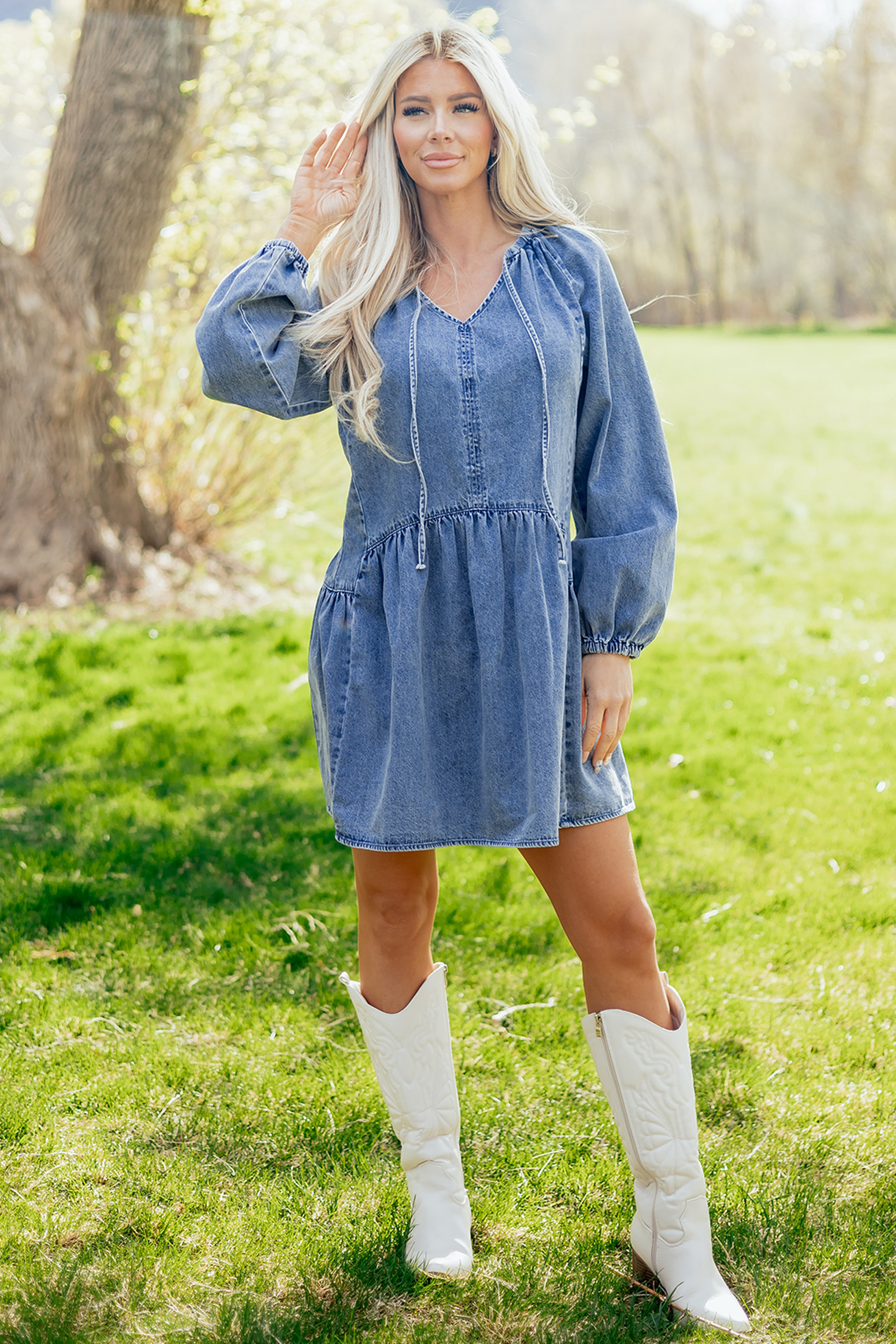 Myosotis Puff Sleeve V Neck Ruffled Loose Denim Mini Dress view 7