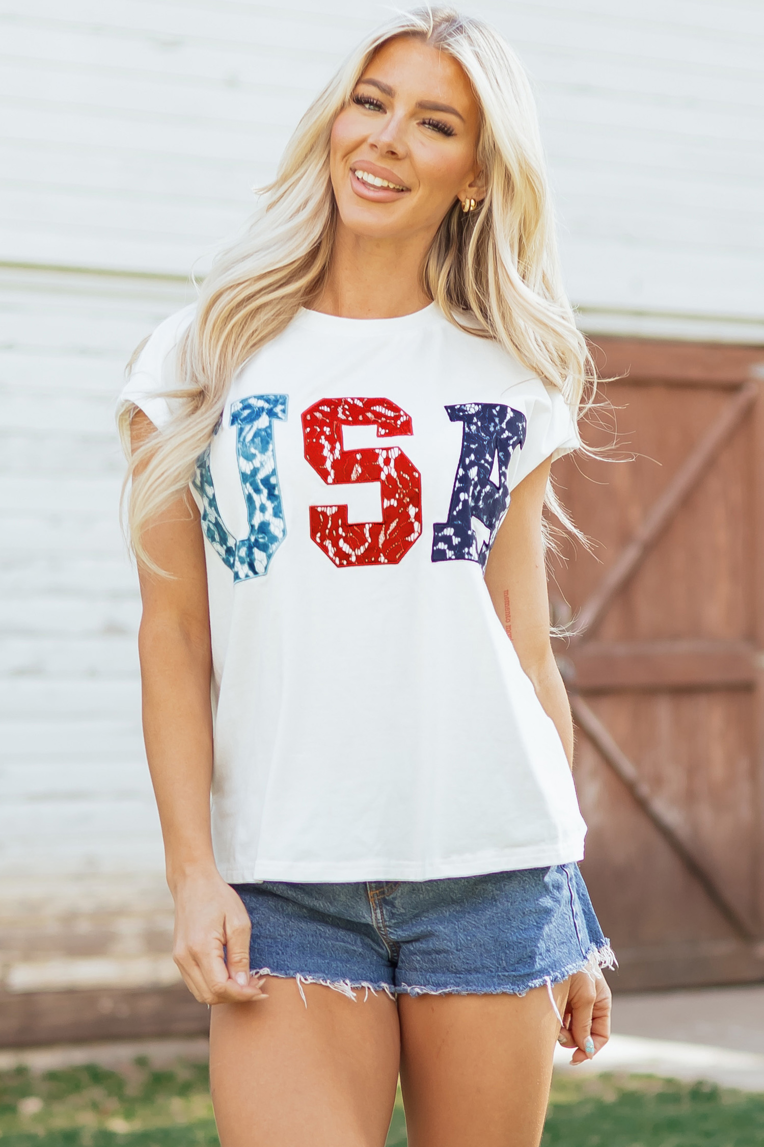 White USA Color Block Letter Printed Dolman Tee view 9