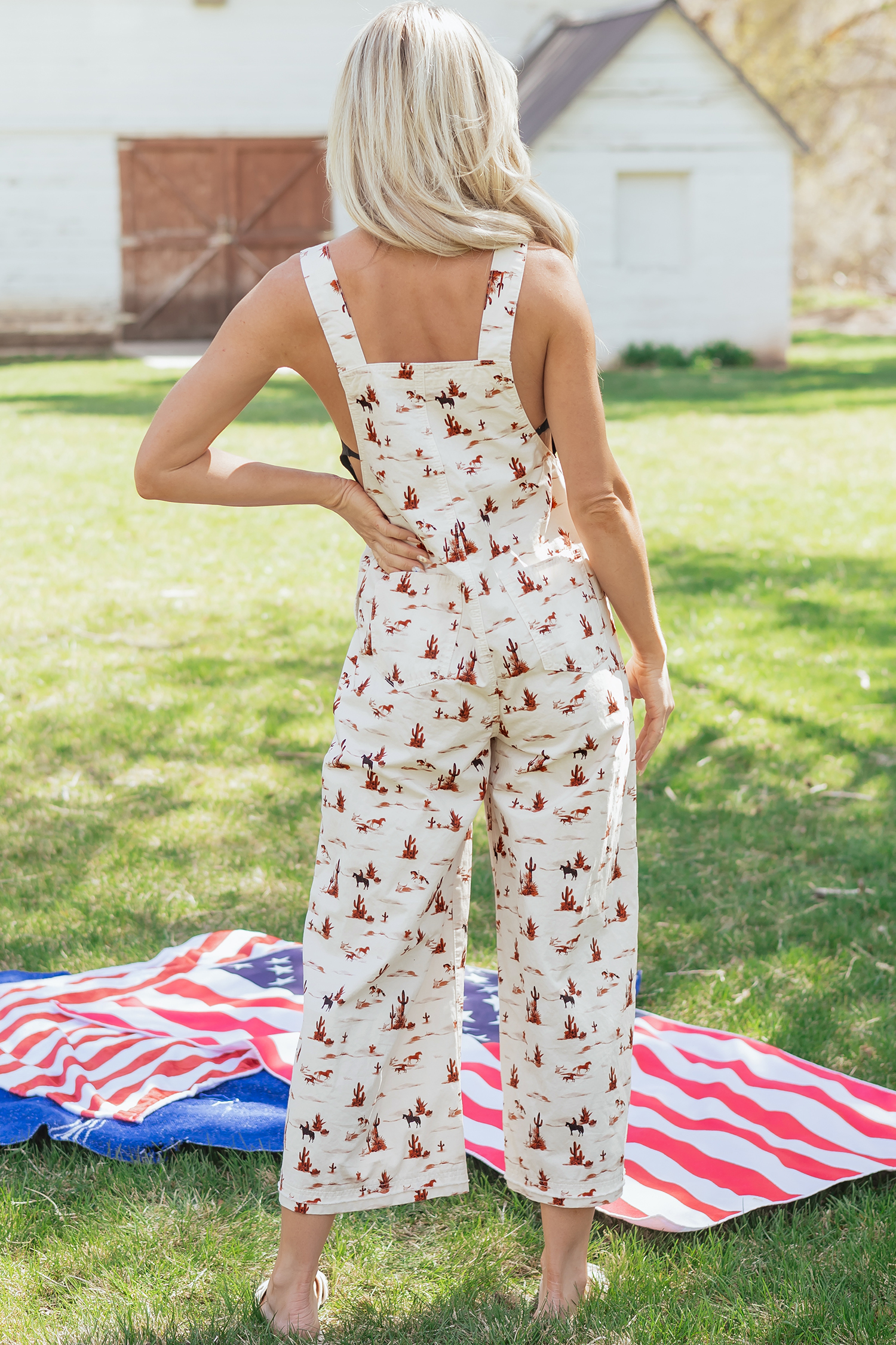 Beige Western Printed Button Adjustable Straps Loose Jumpsuit Dungarees view 4