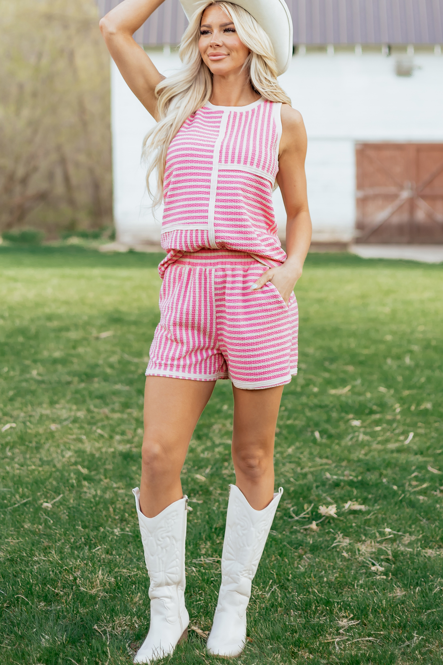 Pink Stripe Textured Contrast Trim Casual Tank and Shorts Set view 8