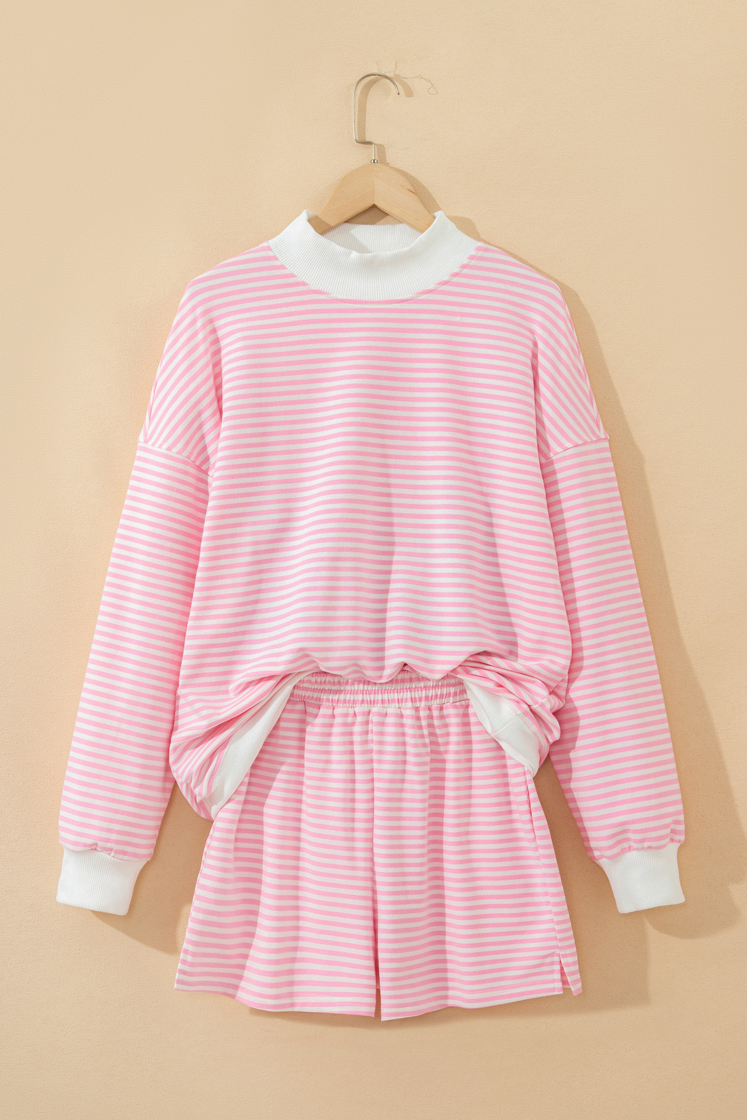 Pink Stripe Oversize Mock Neck Sweatshirt and Shorts Set