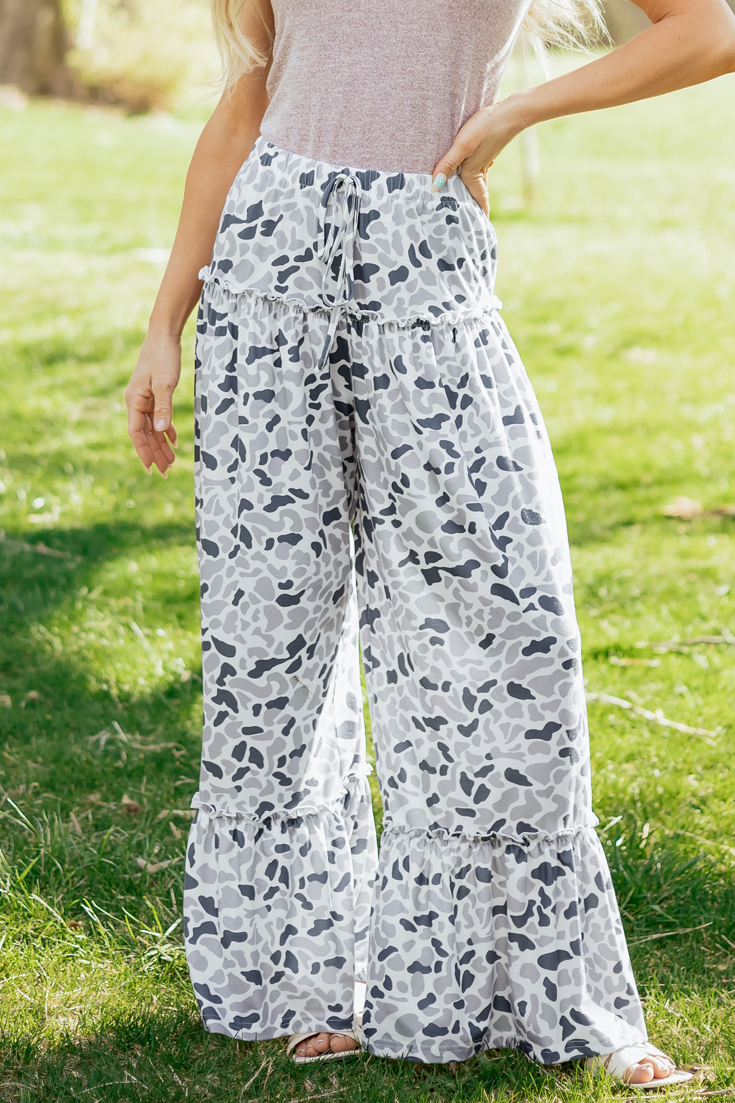 Beige Camo Print Wide Leg Casual Pants view 10