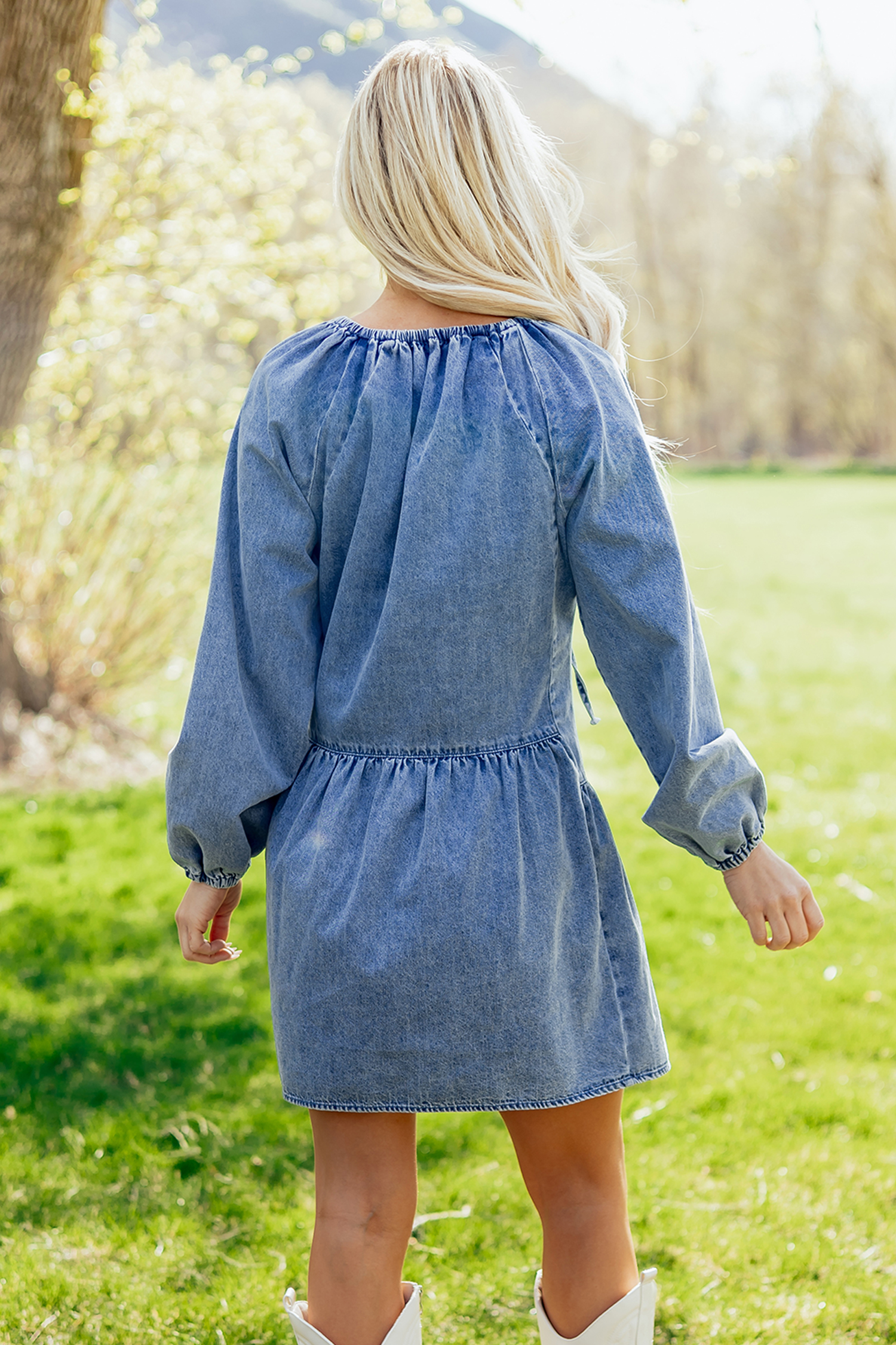 Myosotis Puff Sleeve V Neck Ruffled Loose Denim Mini Dress view 2