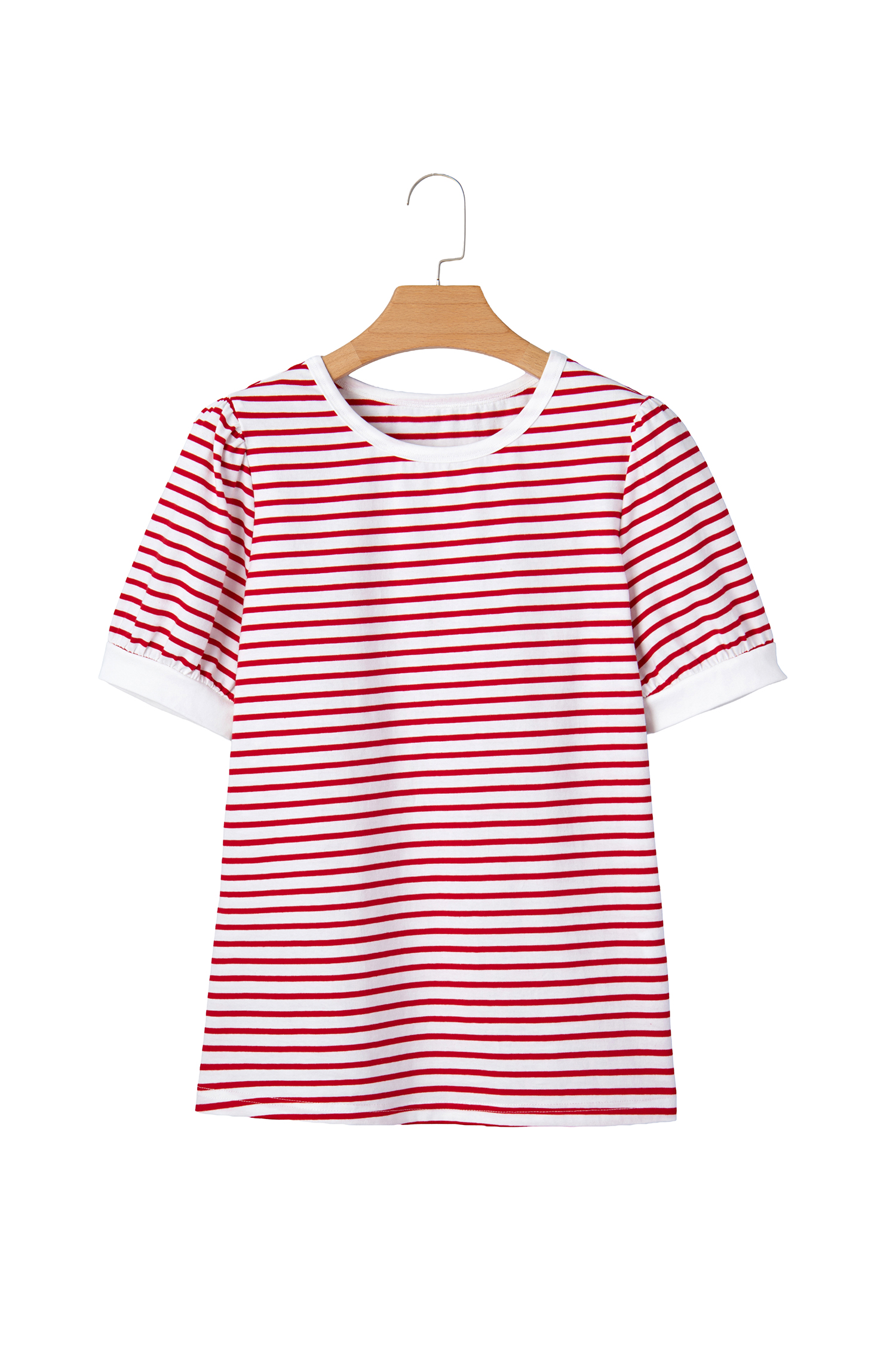 Red Stripe Contrast Trim Round Neck Short Puff Sleeve T Shirt view 20