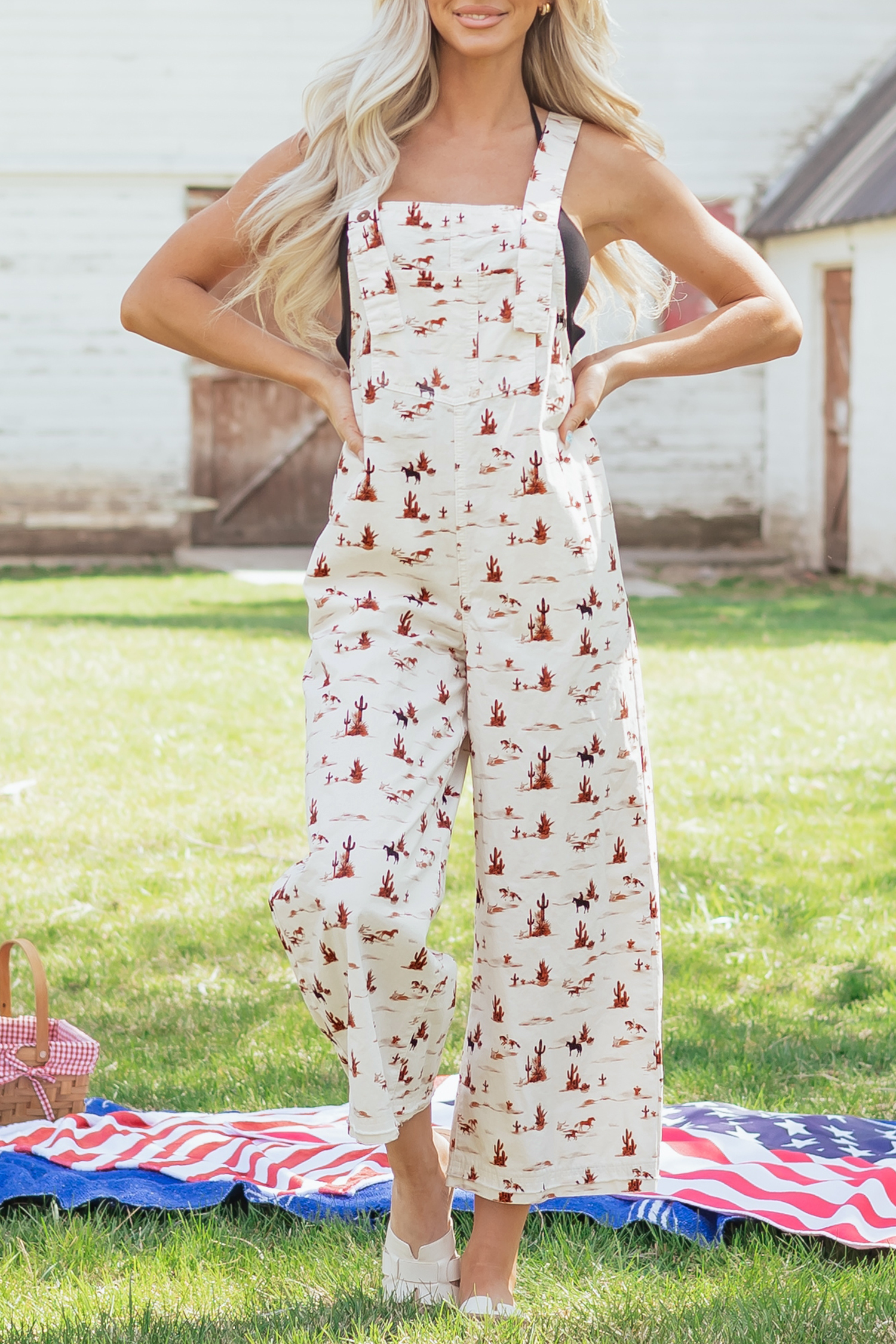 Beige Western Printed Button Adjustable Straps Loose Jumpsuit Dungarees view 10