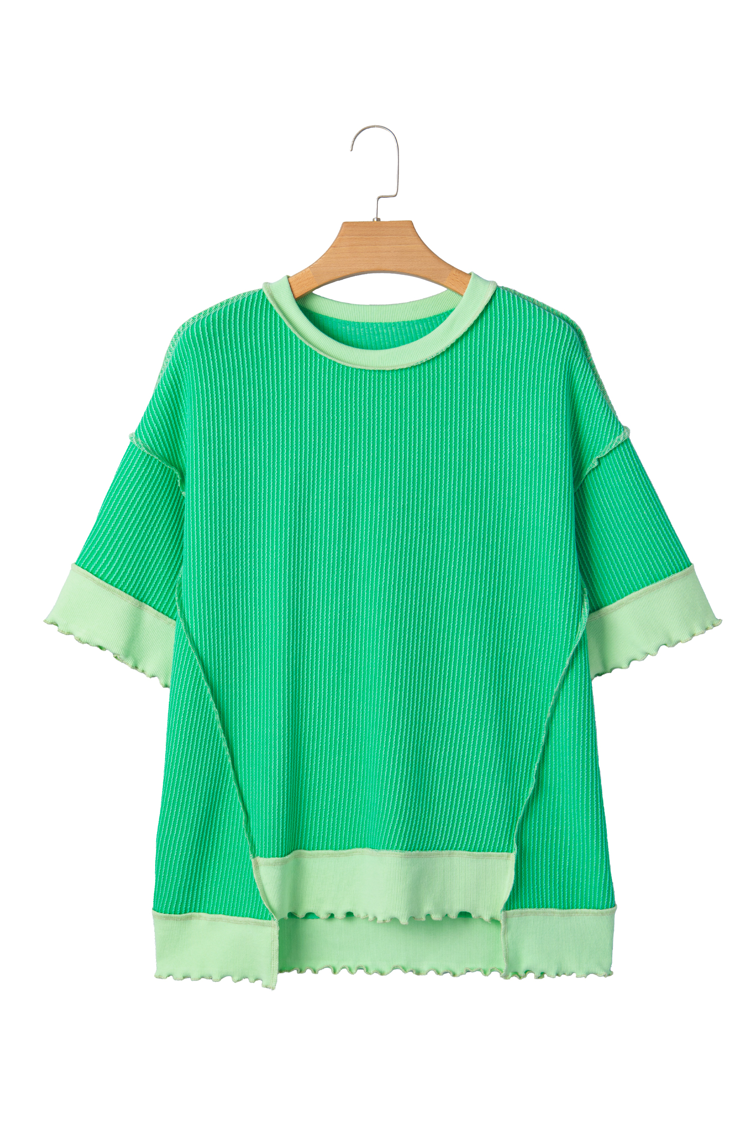 Mint Green Loose Uneven Hem Twist Ribbed T Shirt view 21