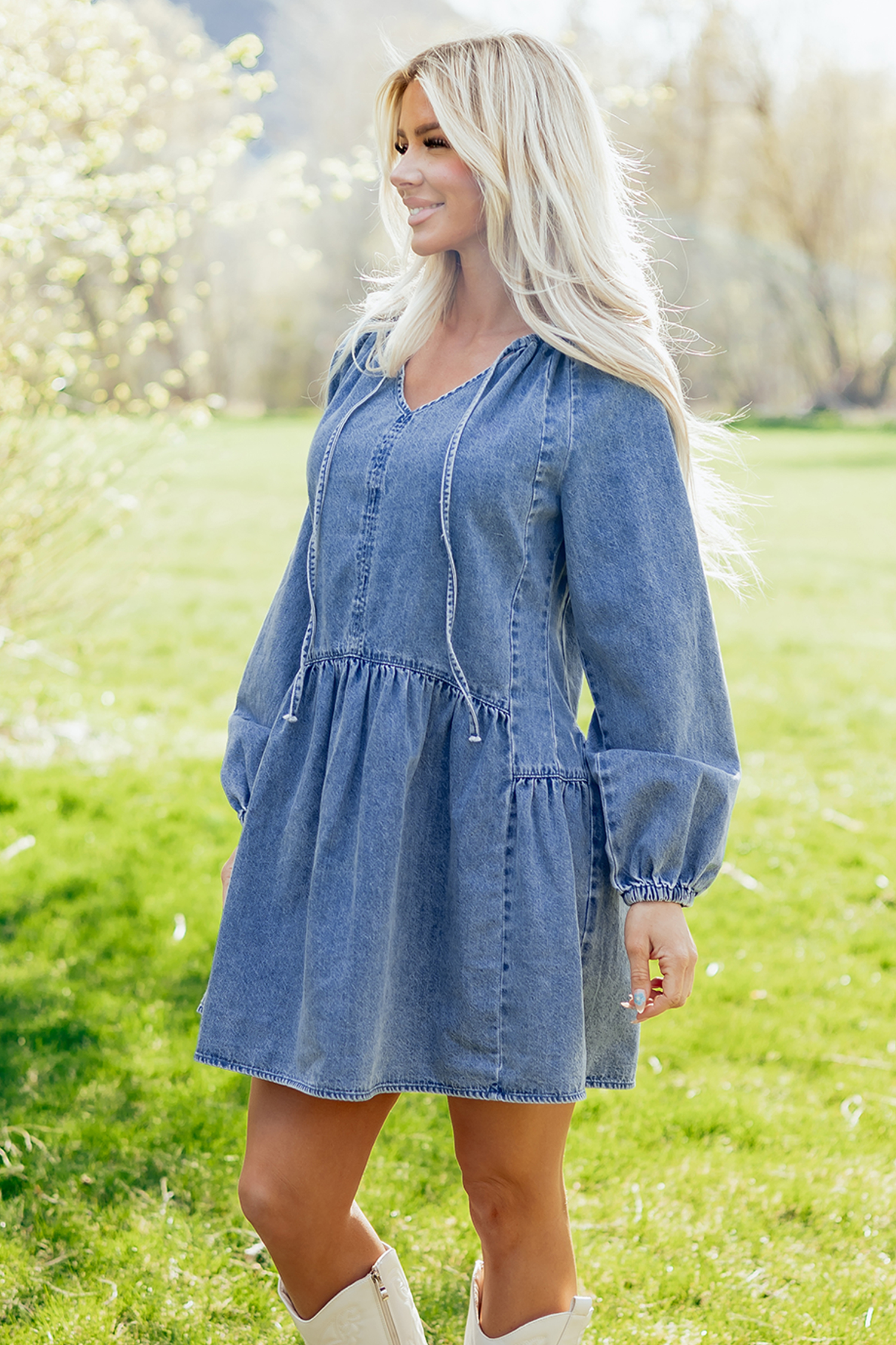 Myosotis Puff Sleeve V Neck Ruffled Loose Denim Mini Dress view 5