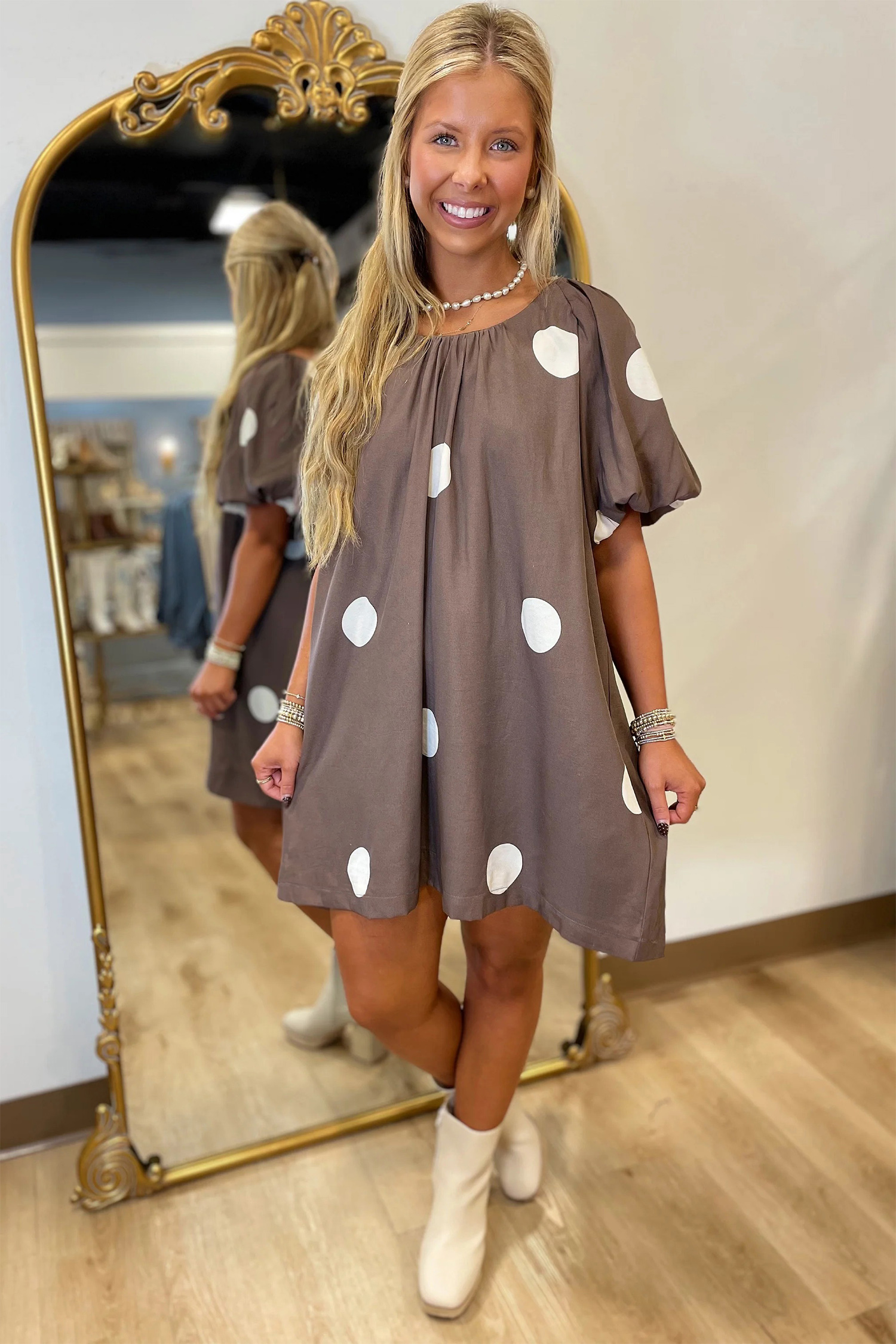 Brown Polka Dot Print Knot Back Short Puff Sleeve Loose Mini Dress view 10