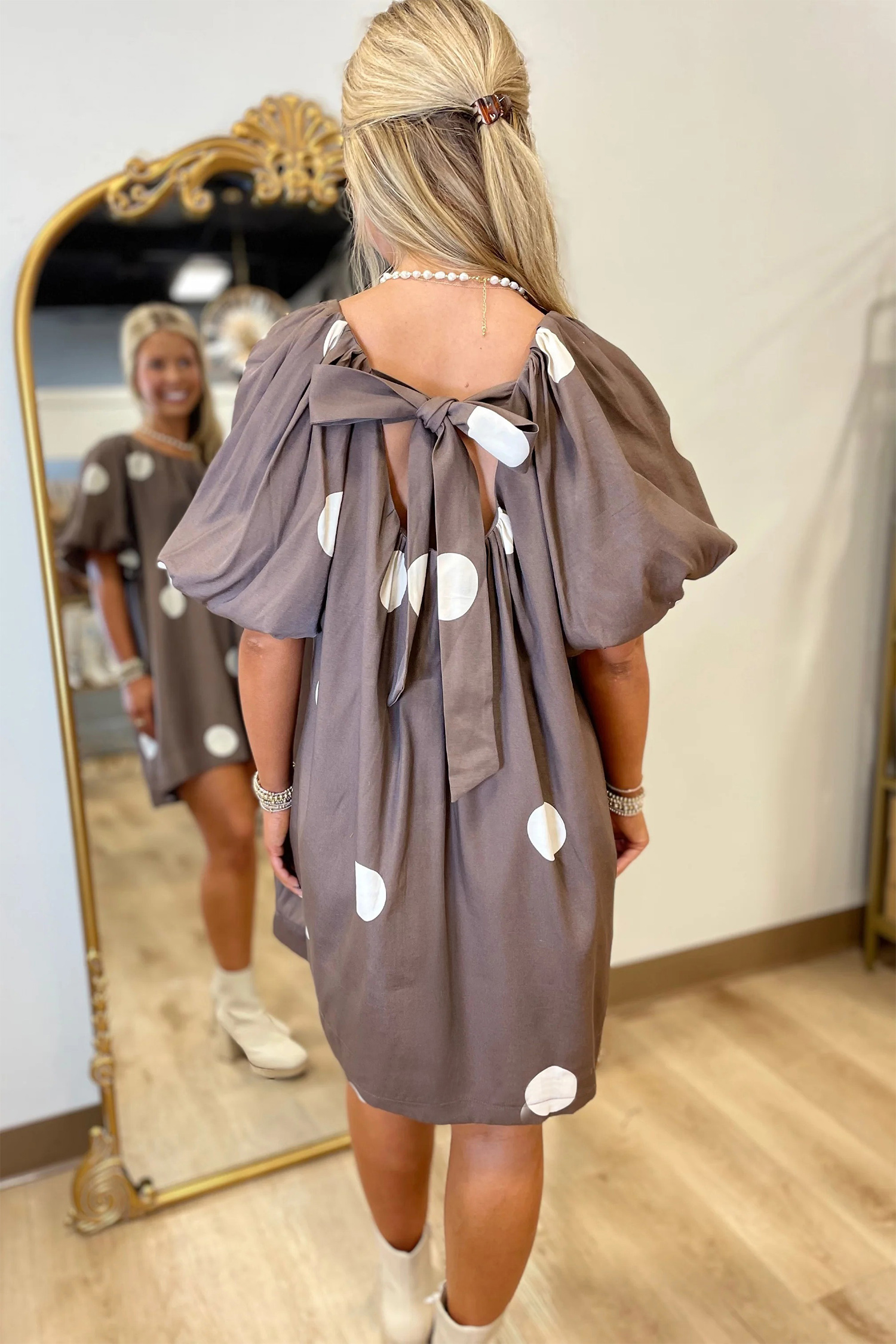 Brown Polka Dot Print Knot Back Short Puff Sleeve Loose Mini Dress view 9