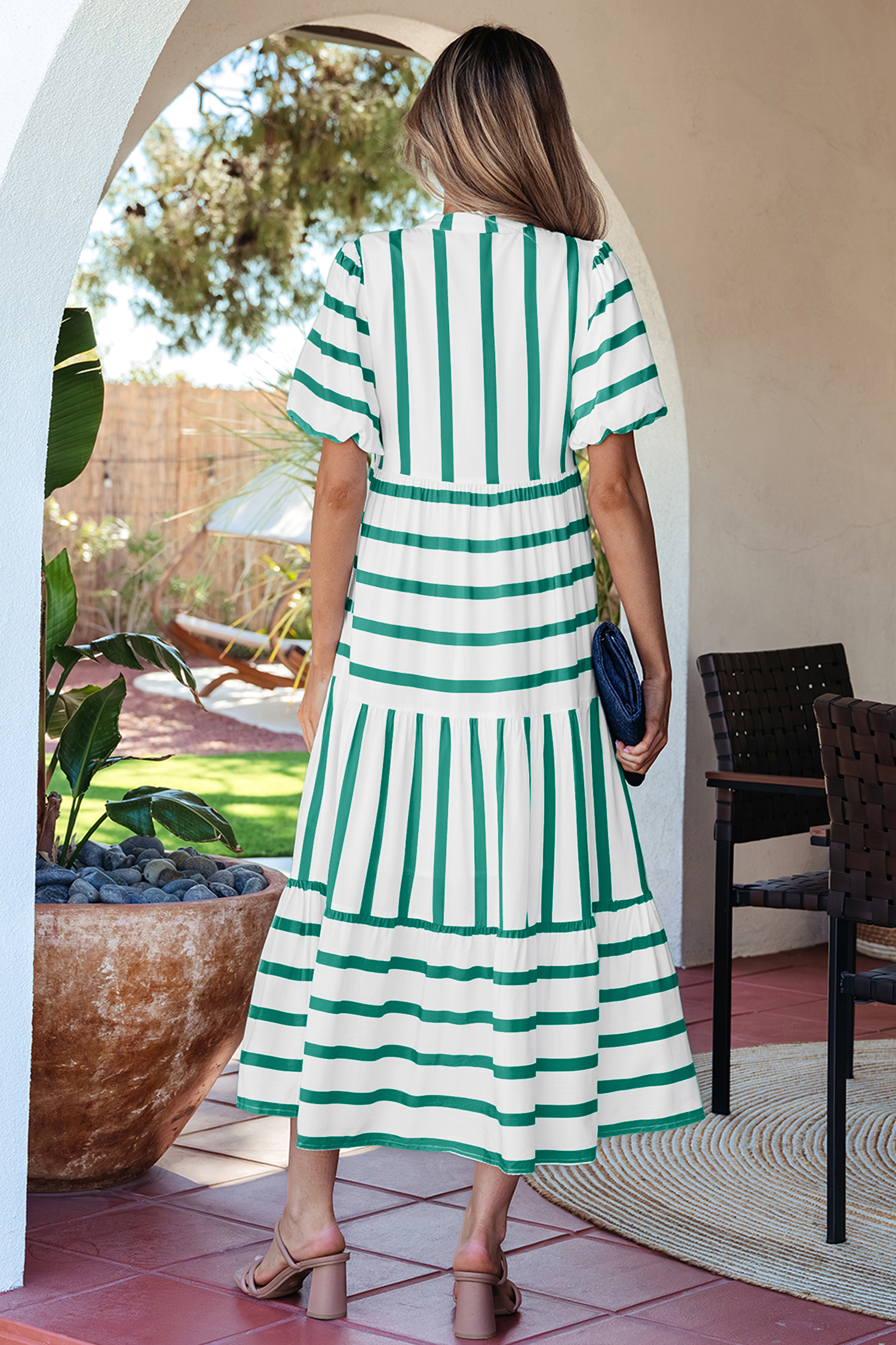 Green Stripe Ricrac Trim Notched Neck Half Sleeve Vacation Dress view 2