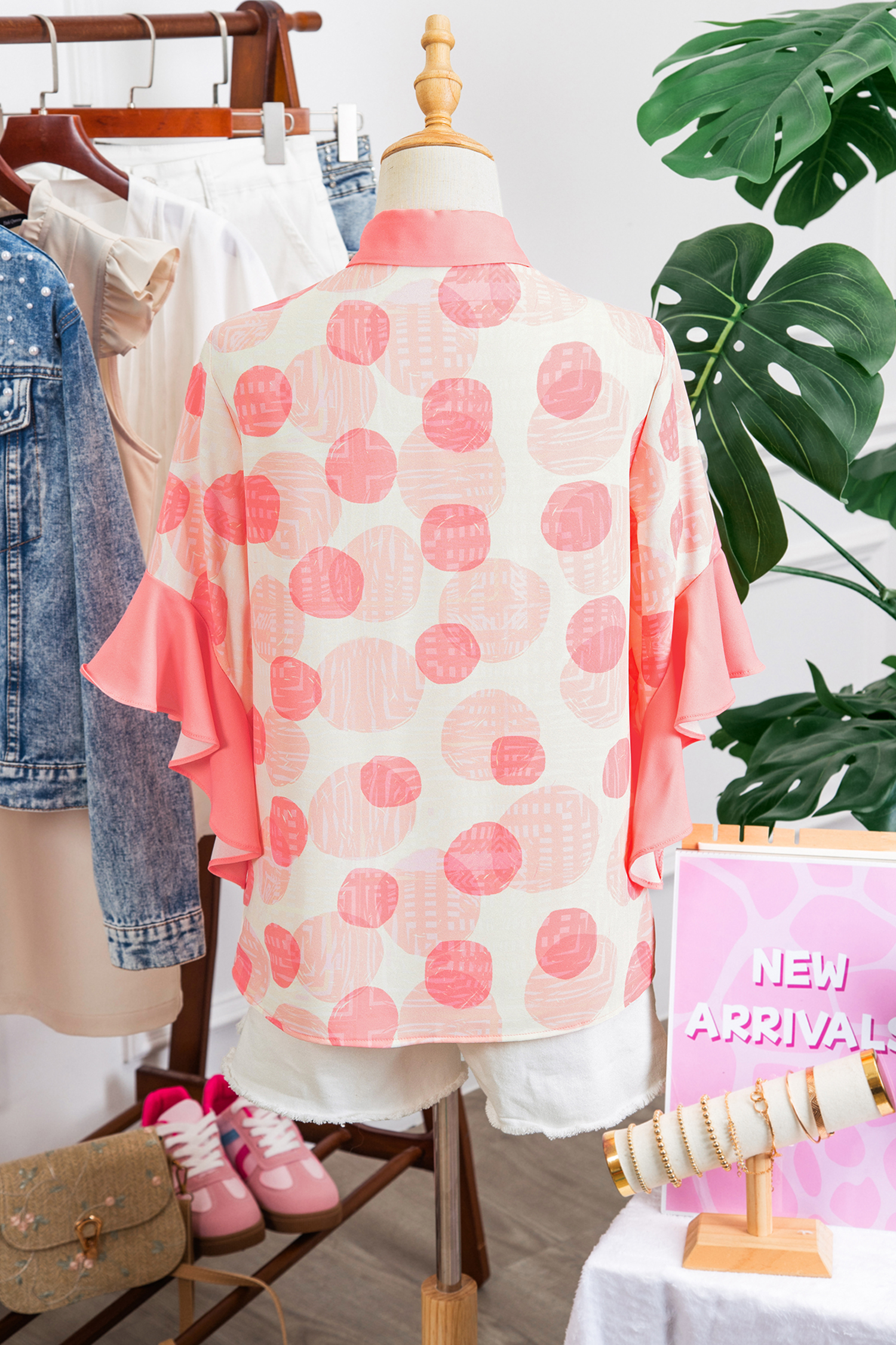 Pink Double Polka Dot Printed Ruffle Trim Short Sleeve Babydoll Shirt view 9