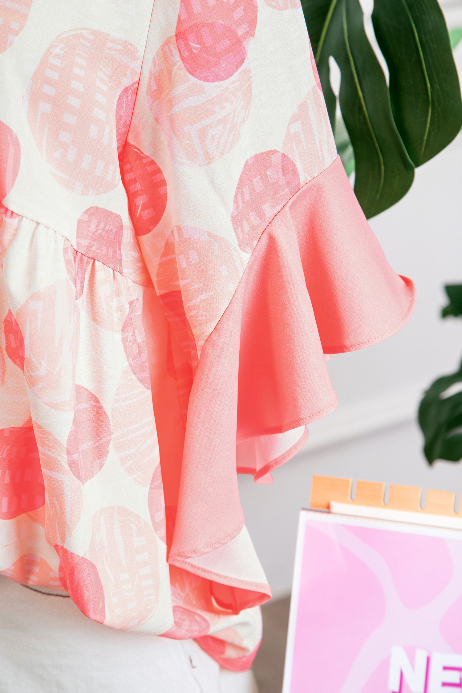 Pink Double Polka Dot Printed Ruffle Trim Short Sleeve Babydoll Shirt view 16