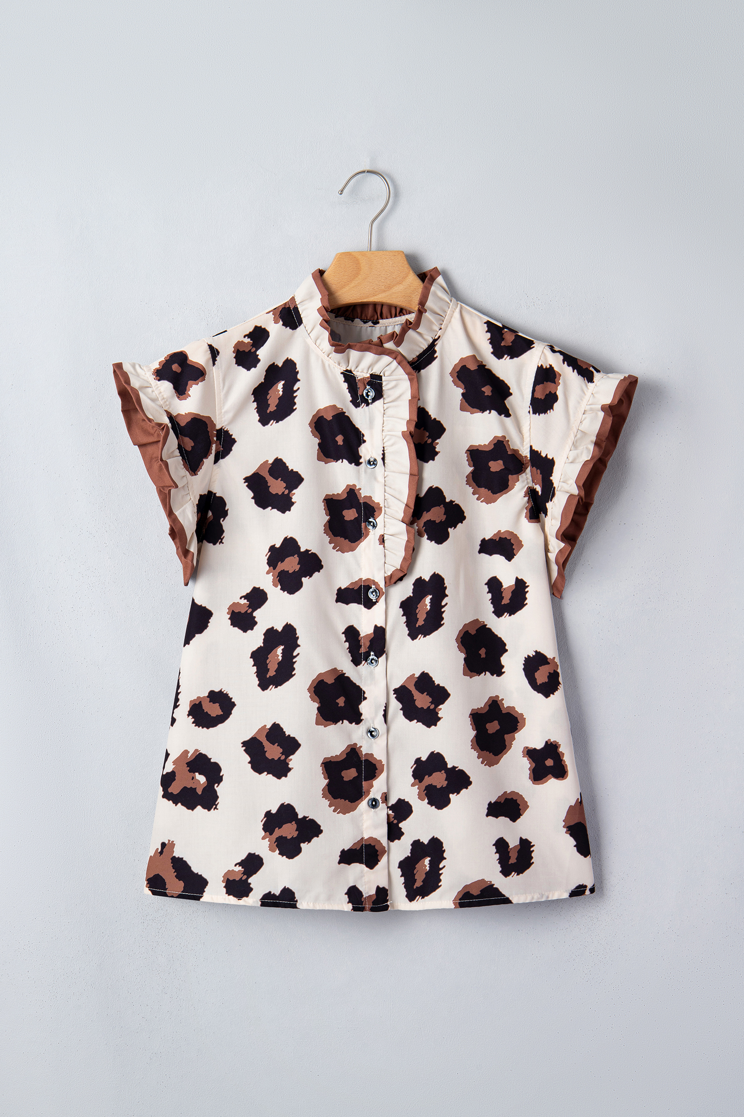 Khaki Leopard Printed Ruffle Sleeve Summer Blouse