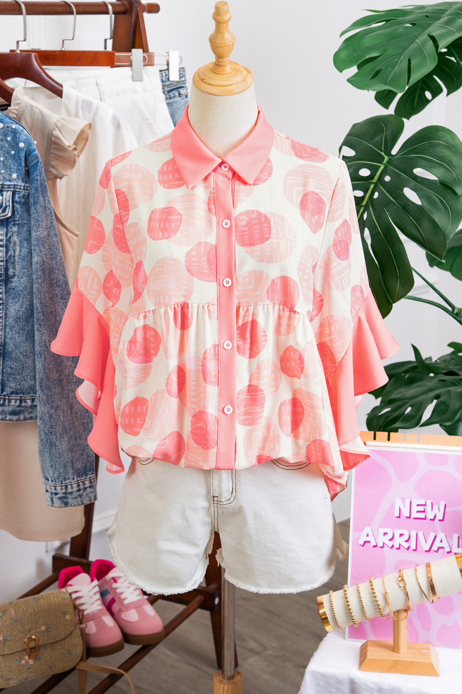 Pink Double Polka Dot Printed Ruffle Trim Short Sleeve Babydoll Shirt view 12
