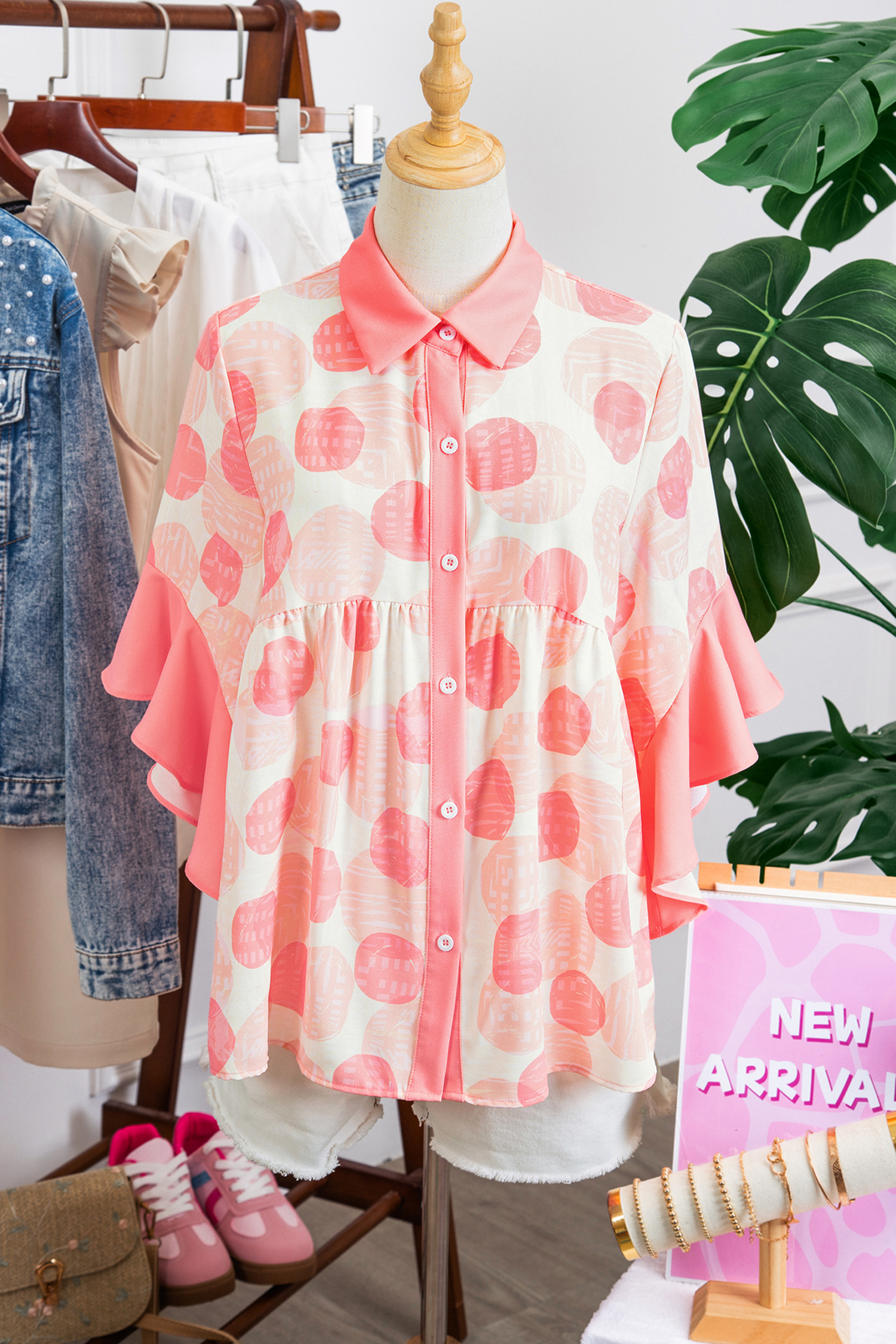Pink Double Polka Dot Printed Ruffle Trim Short Sleeve Babydoll Shirt view 8