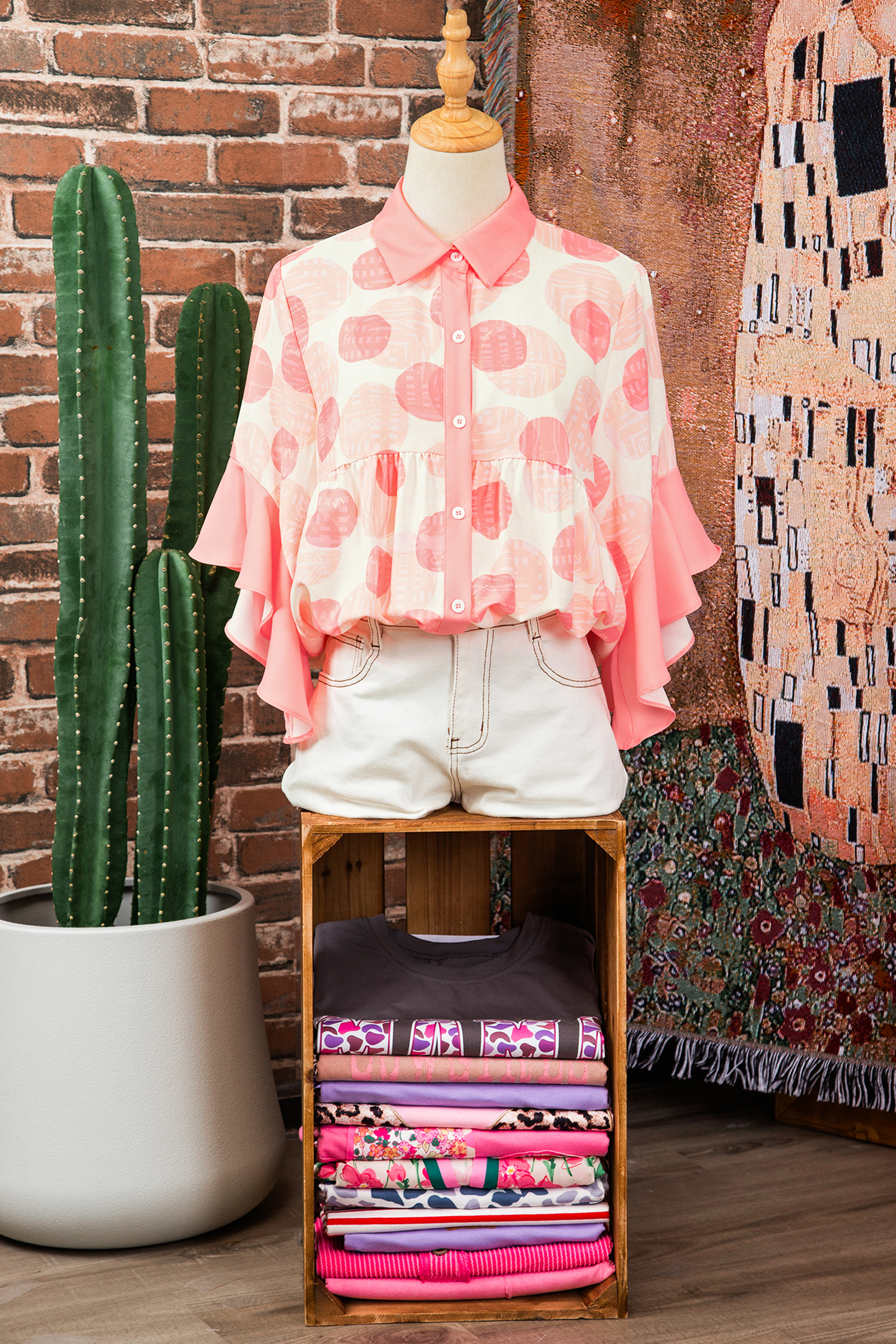 Pink Double Polka Dot Printed Ruffle Trim Short Sleeve Babydoll Shirt view 10