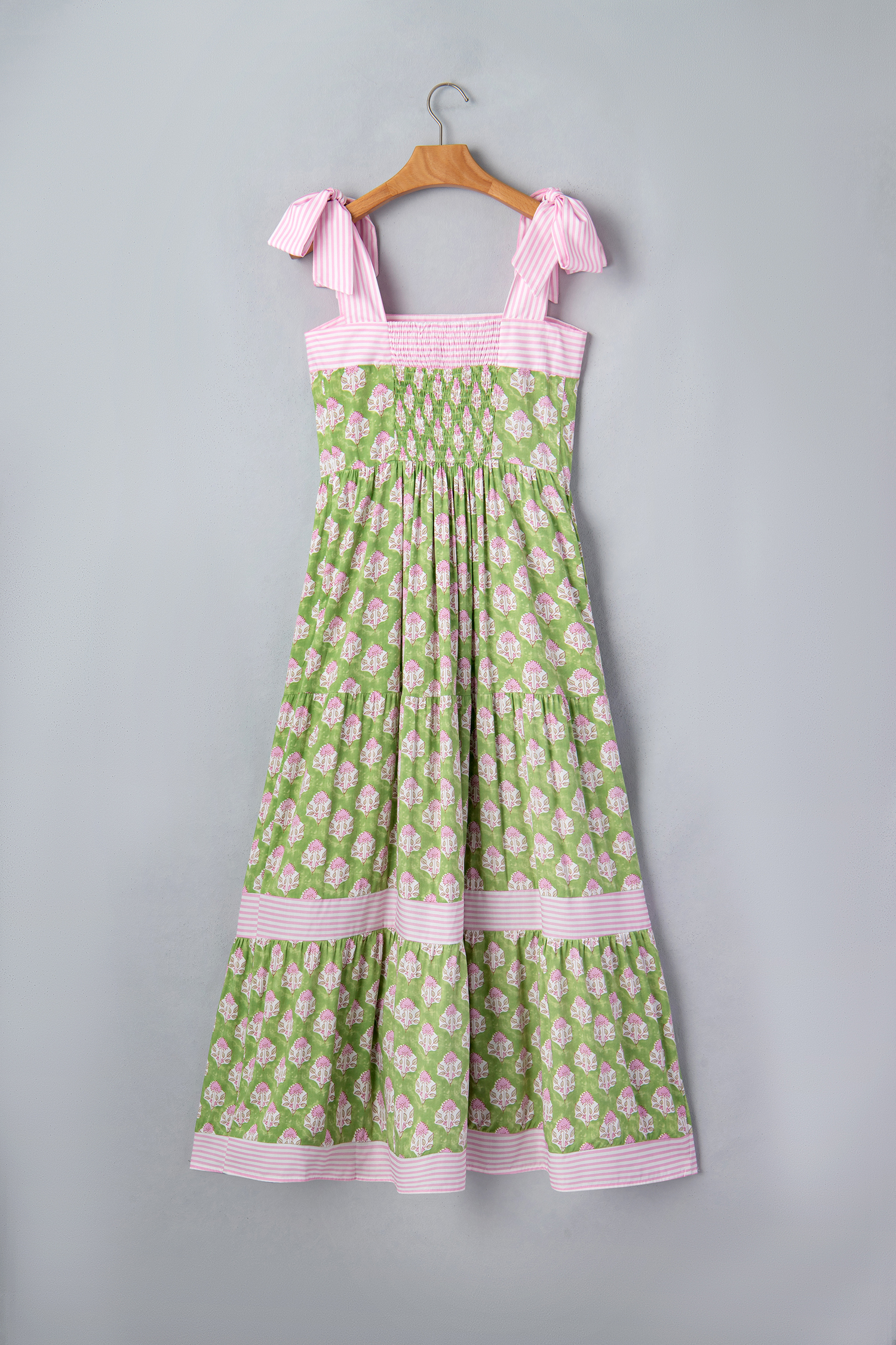 Green Floral Print Striped Detail Knot Straps Maxi Dress view 16