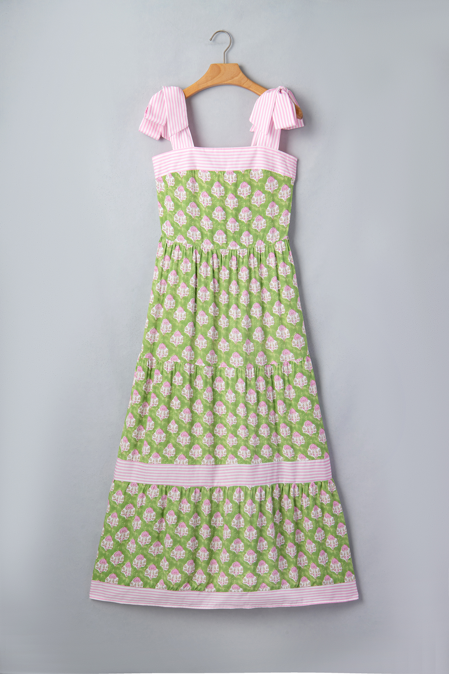 Green Floral Print Striped Detail Knot Straps Maxi Dress view 15