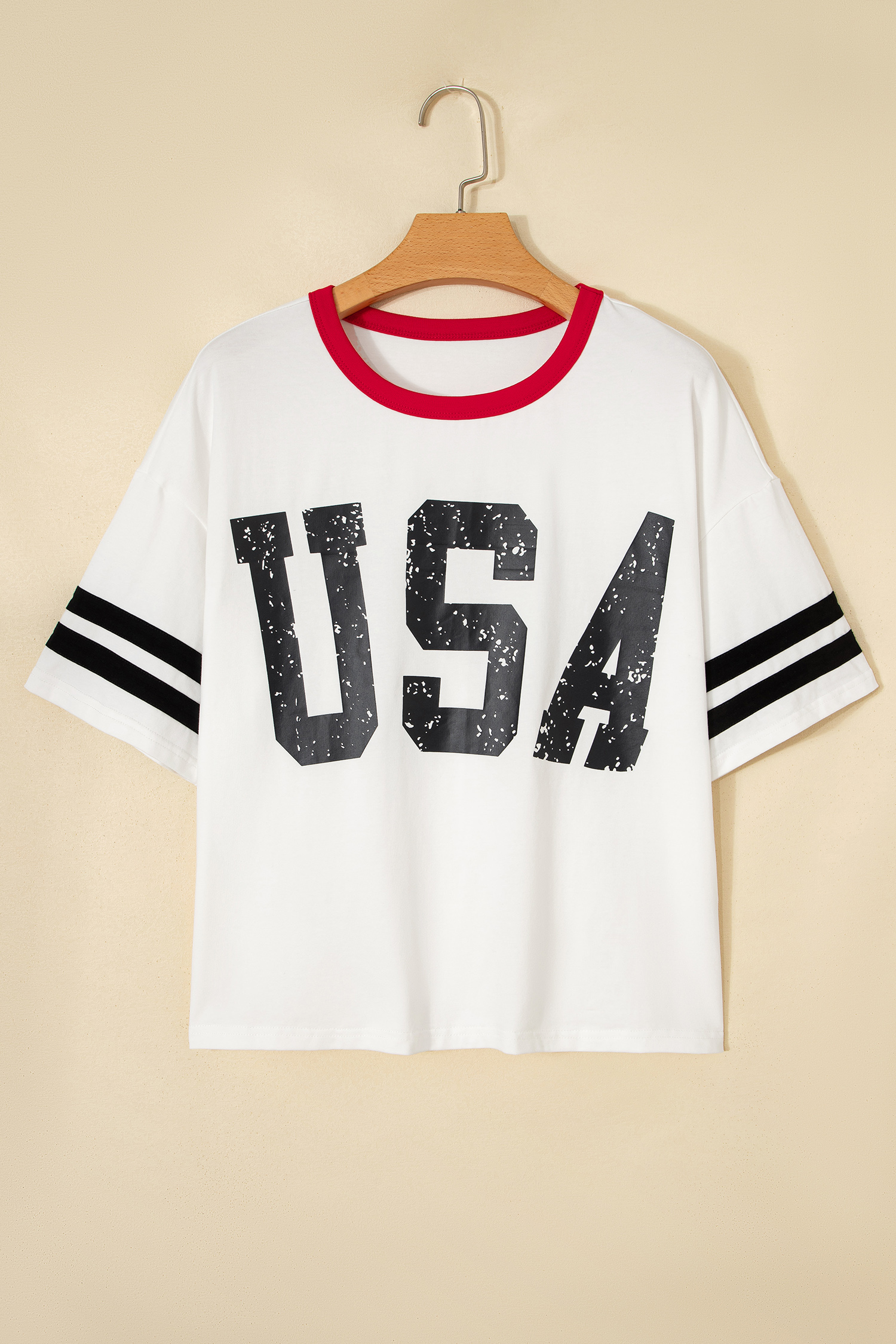 White USA Letter Printed Varsity Striped Sleeve Round Neck Tee
