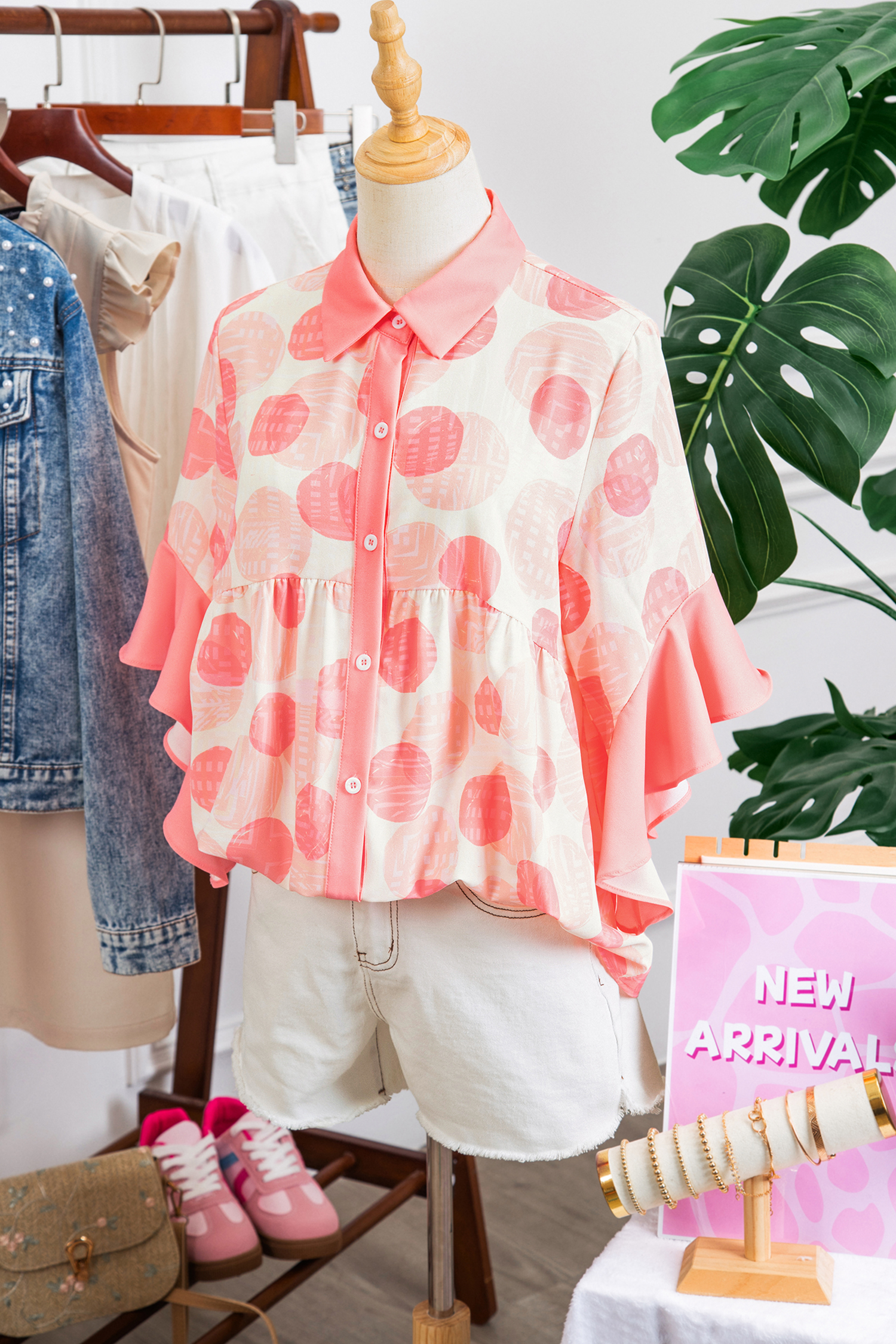 Pink Double Polka Dot Printed Ruffle Trim Short Sleeve Babydoll Shirt view 14