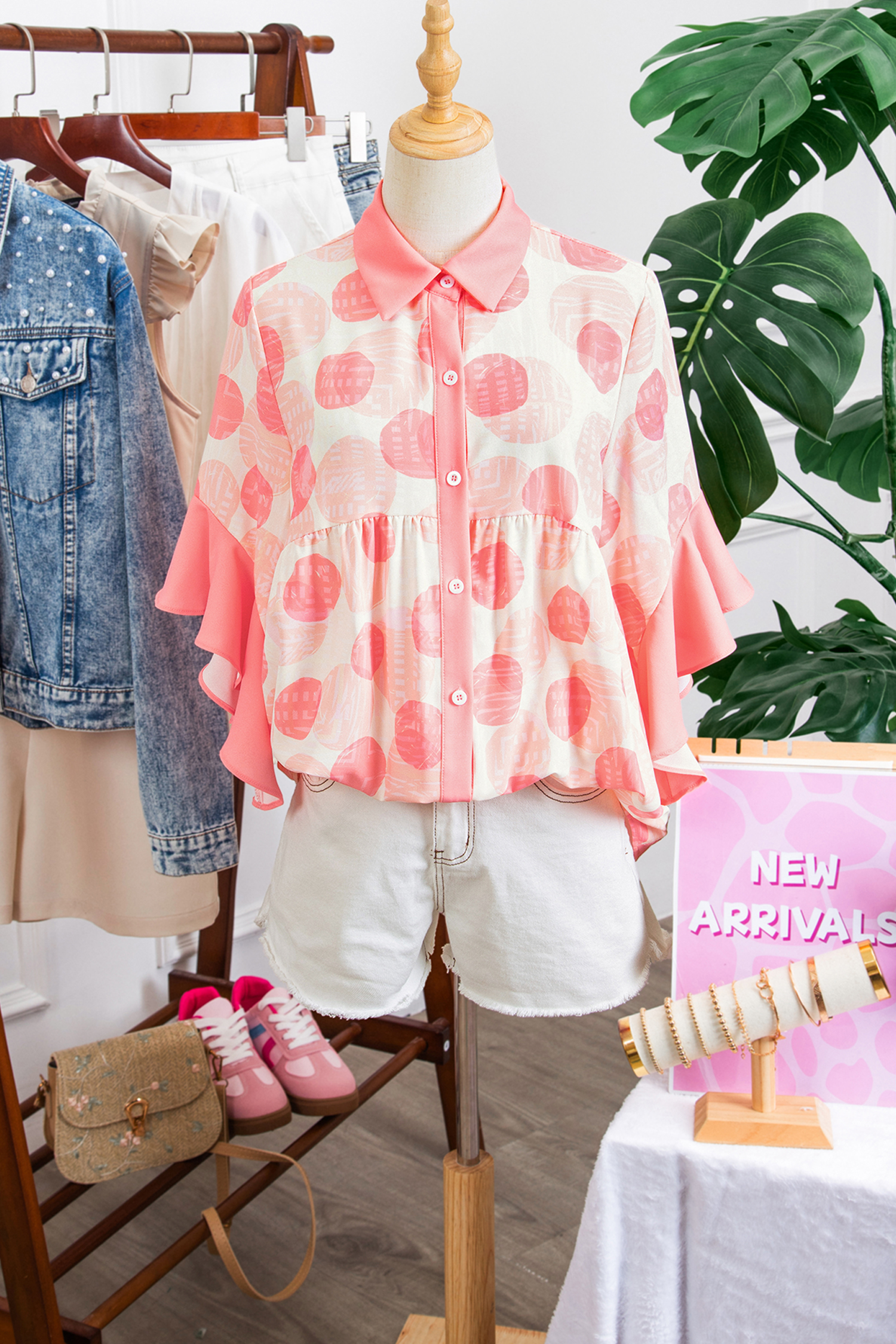 Pink Double Polka Dot Printed Ruffle Trim Short Sleeve Babydoll Shirt view 13