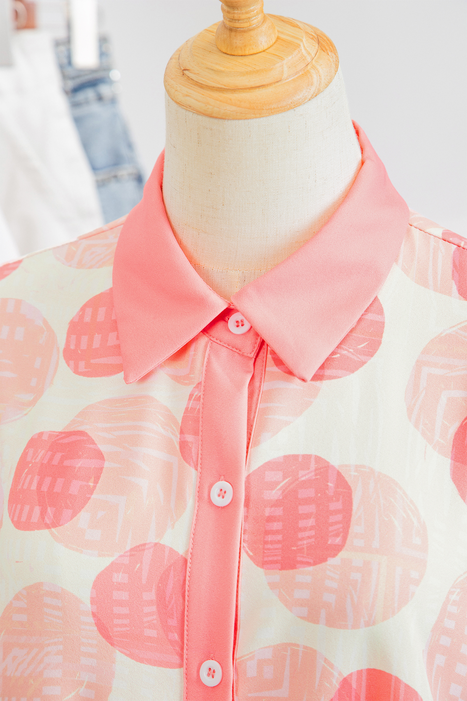 Pink Double Polka Dot Printed Ruffle Trim Short Sleeve Babydoll Shirt view 15