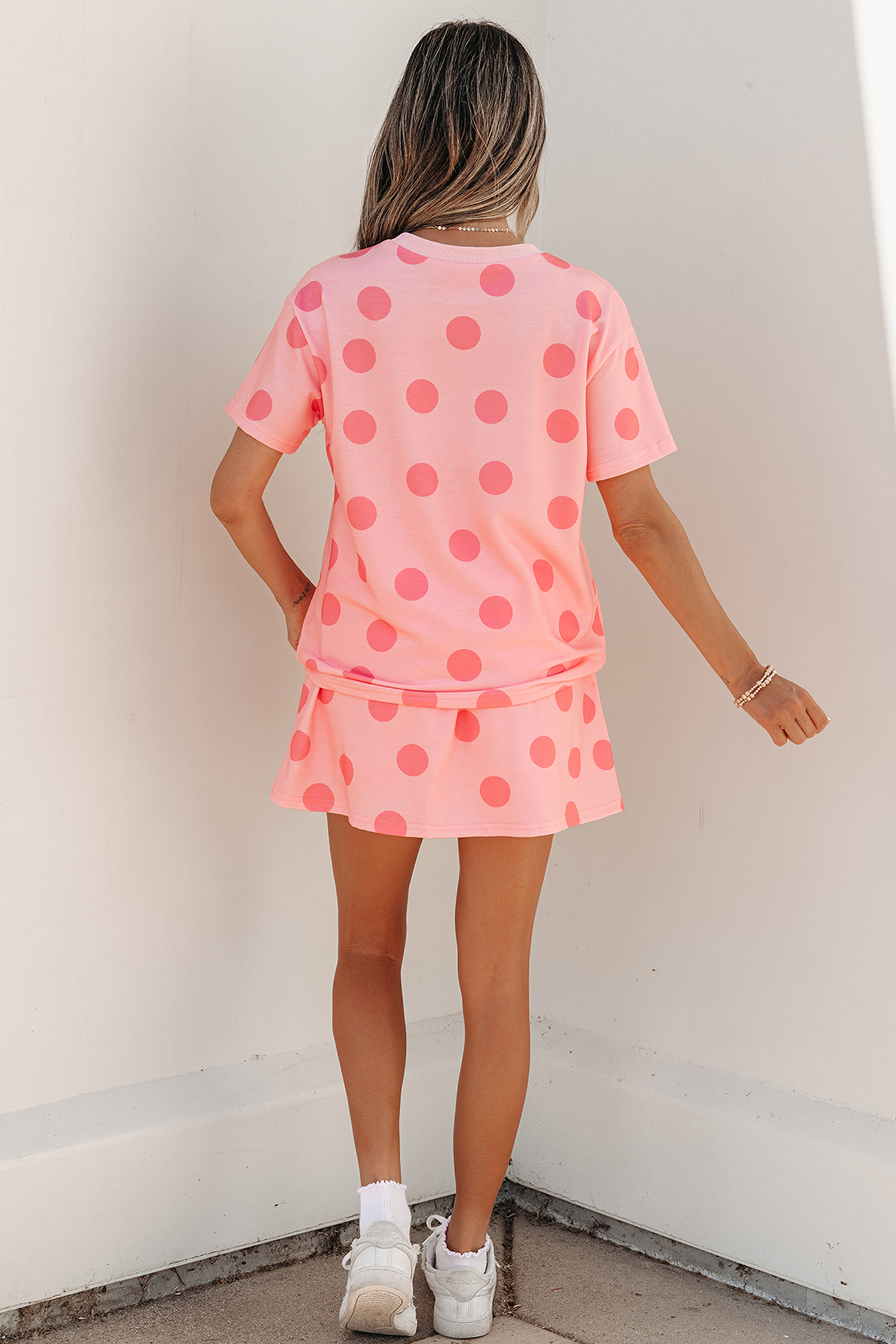 Pink Polka Dot Short Sleeve Top Casual Skort 2pcs Outfit view 2