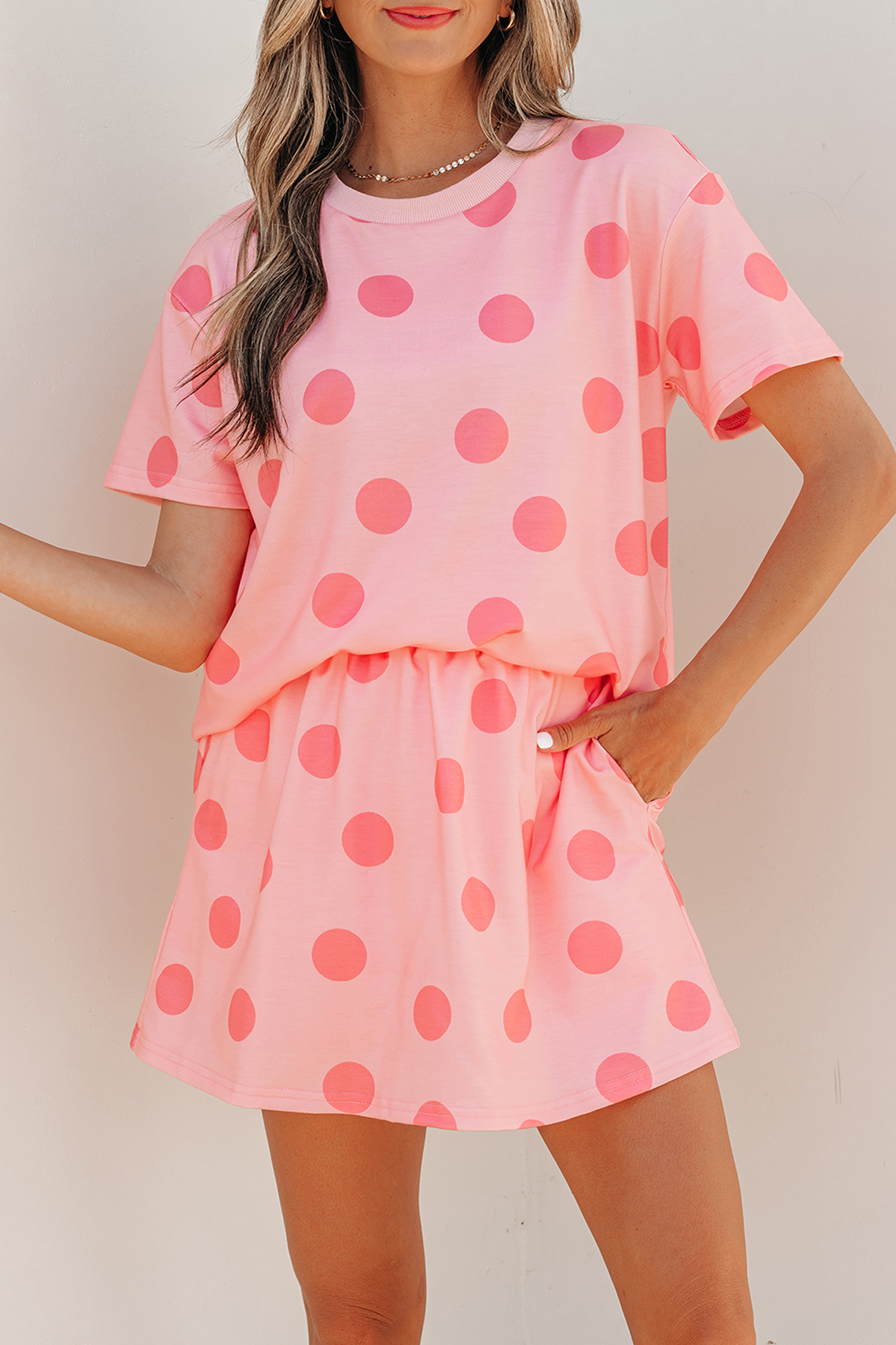 Pink Polka Dot Short Sleeve Top Casual Skort 2pcs Outfit view 7