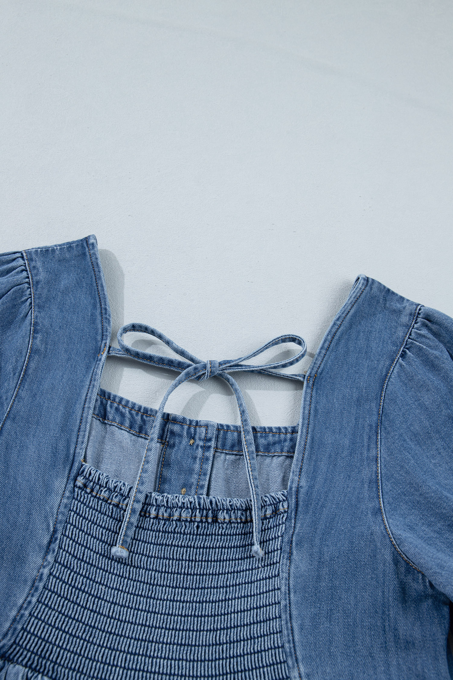 Prussian Blue Button Square Neck Short Puff Sleeve Denim Mini Dress view 13