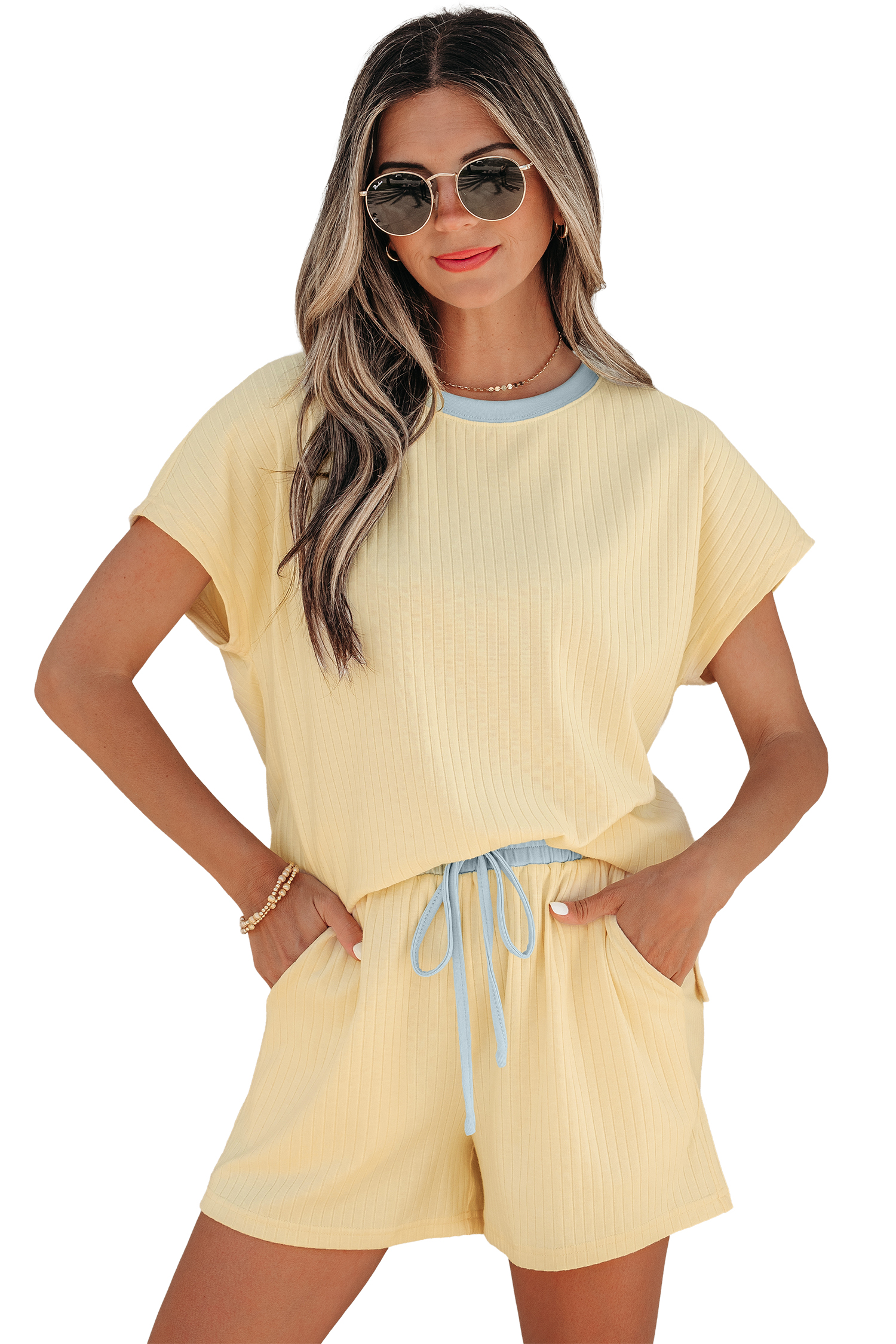 Yellow Cream Soft Ribbed Color Block Trim Casual Short Set view 20