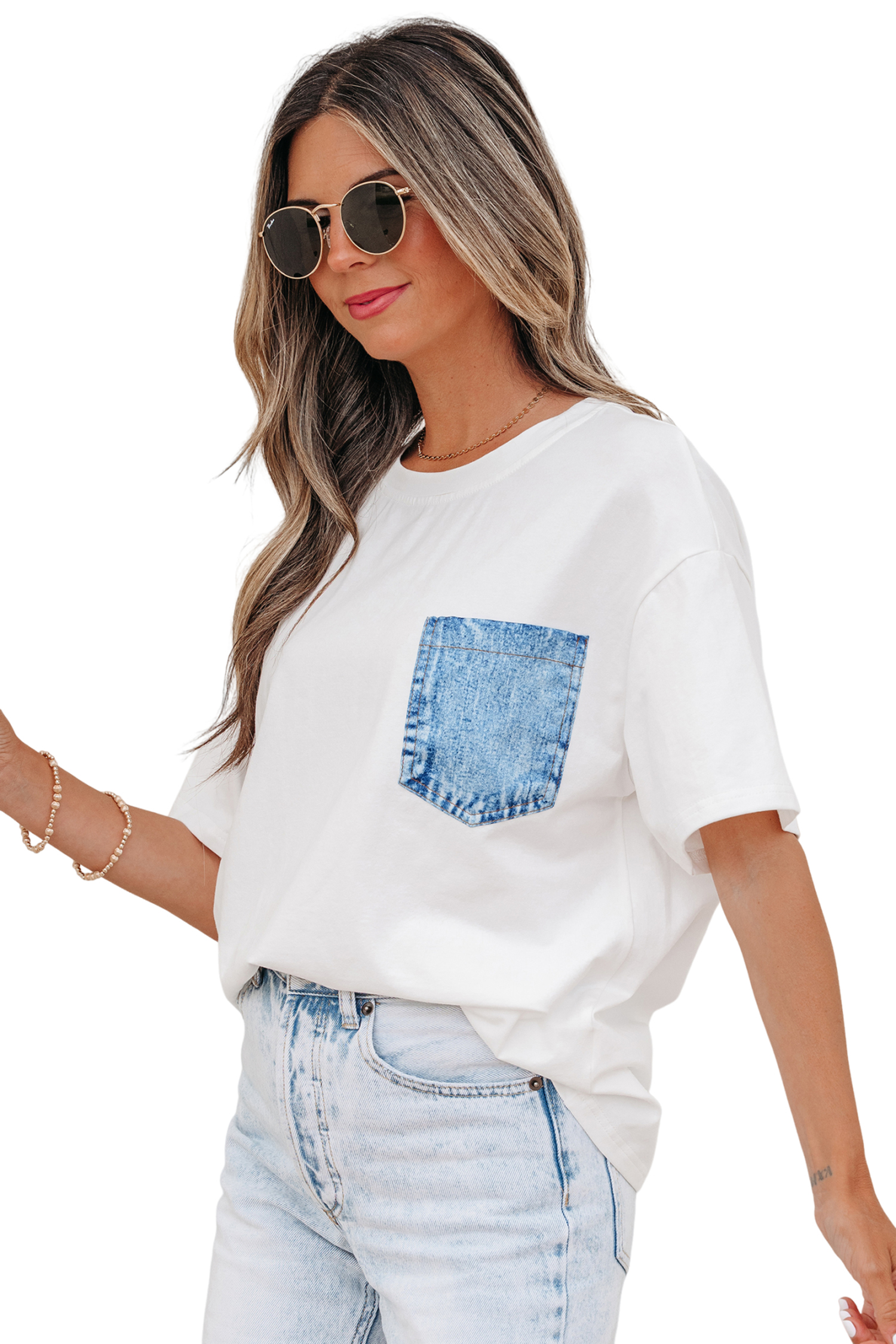 White Color Block Chest Pocket Patched Casual Short Sleeve Top view 21