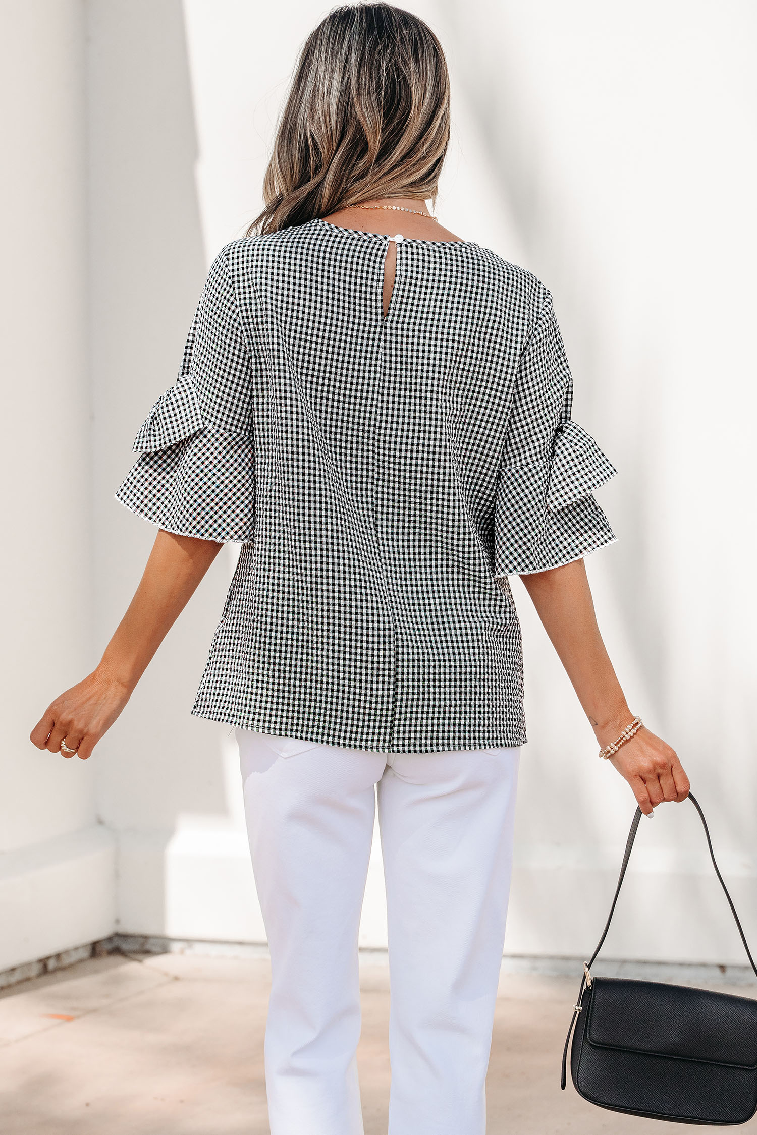 Black Plaid Bow Ruffled Half Sleeve Round Neck Blouse view 7