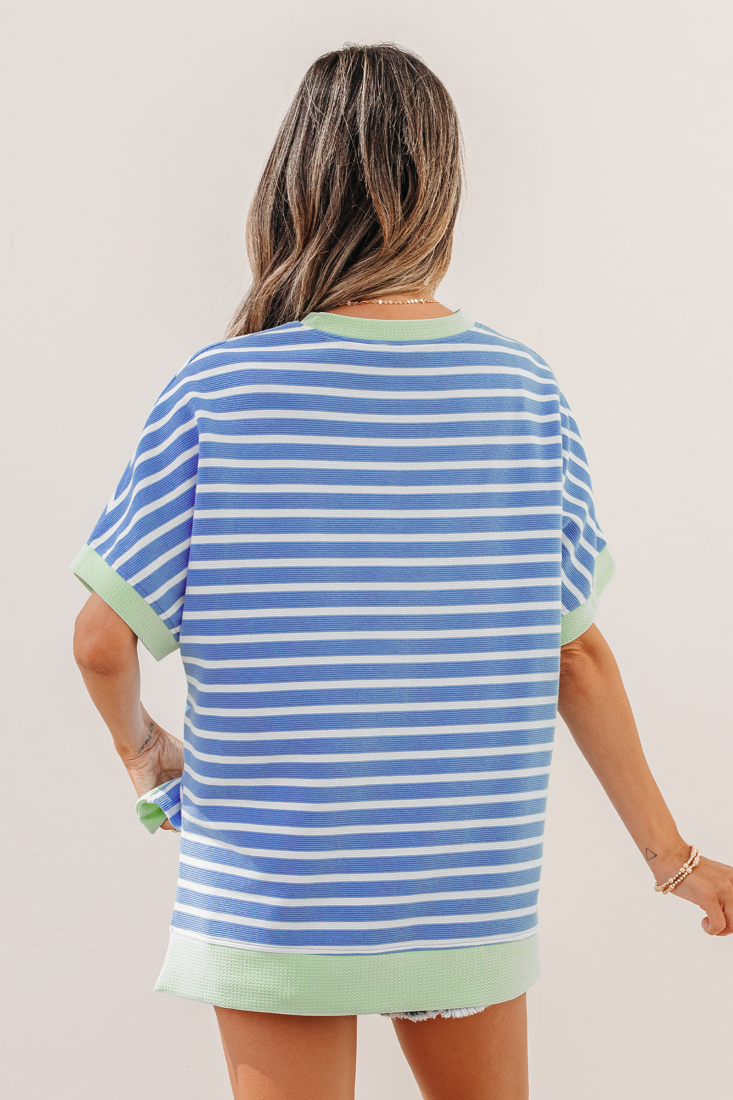 Sky Blue Stripe Contrast Trim Loose Short Sleeve Top view 2