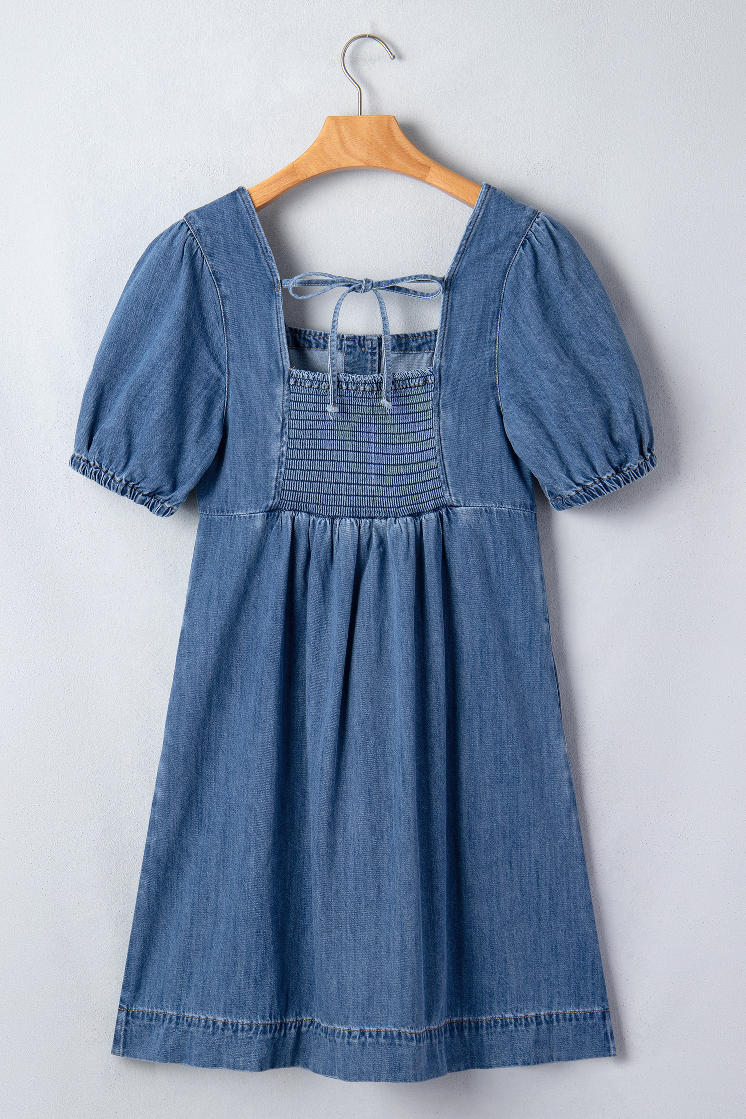 Prussian Blue Button Square Neck Short Puff Sleeve Denim Mini Dress view 12