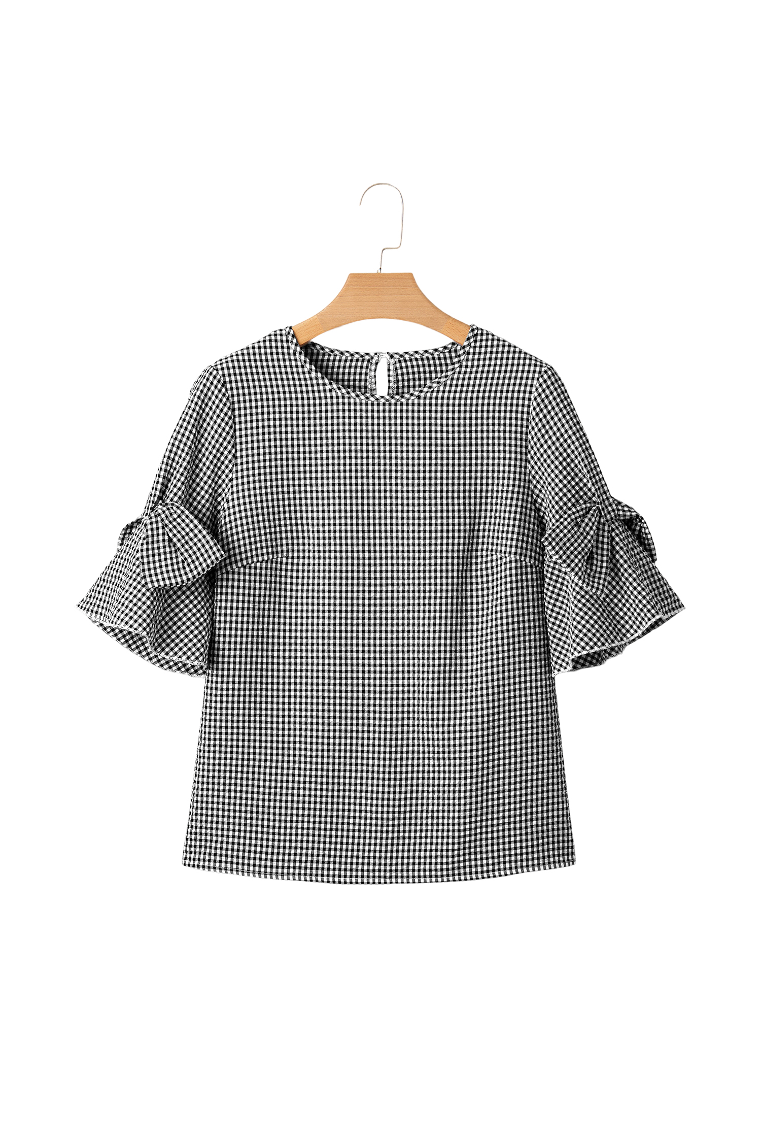 Black Plaid Bow Ruffled Half Sleeve Round Neck Blouse view 25